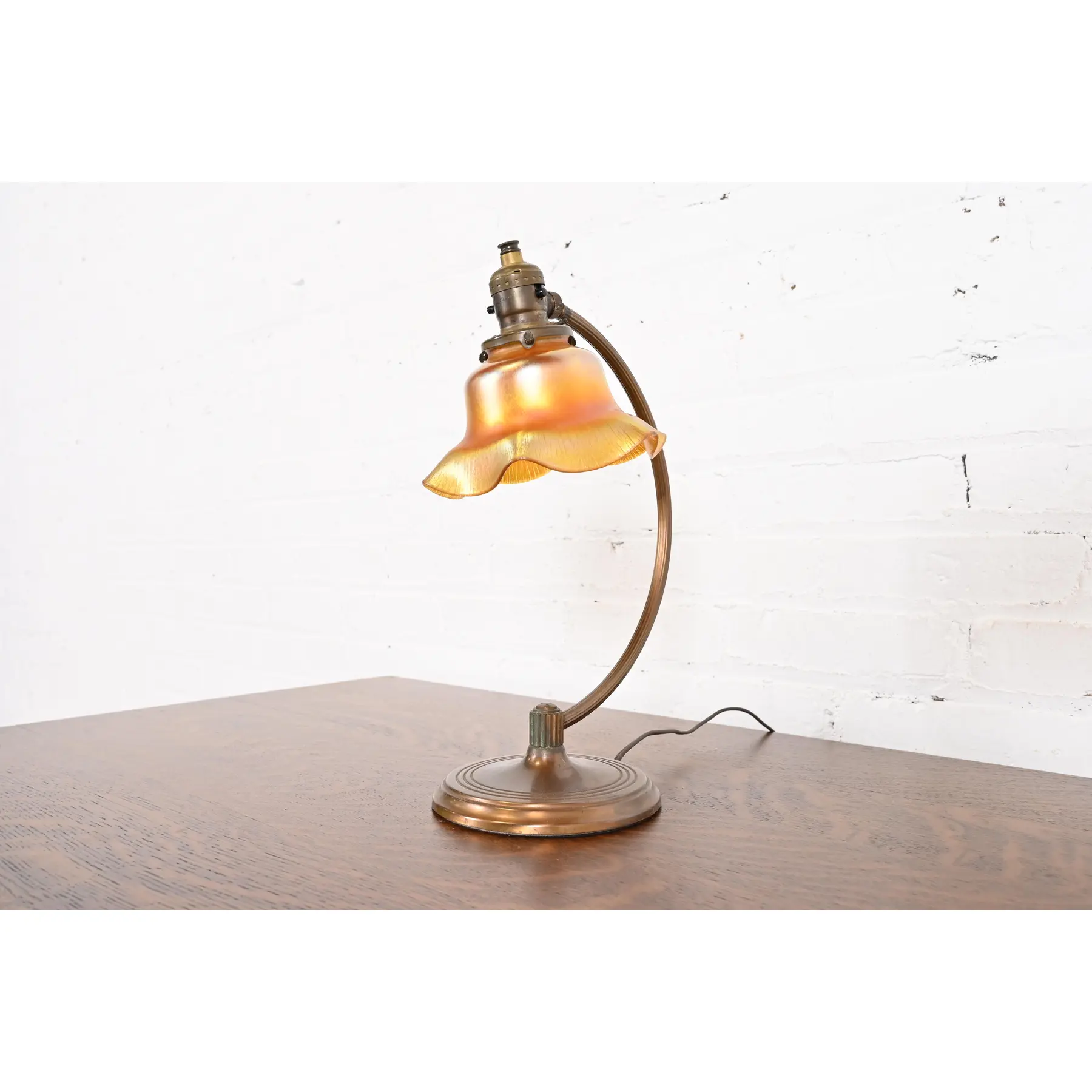 Antique Chase Art Deco Brass Desk Lamp With Quezal Favrile Art Glass Shade, Circa 1930s - Image 2