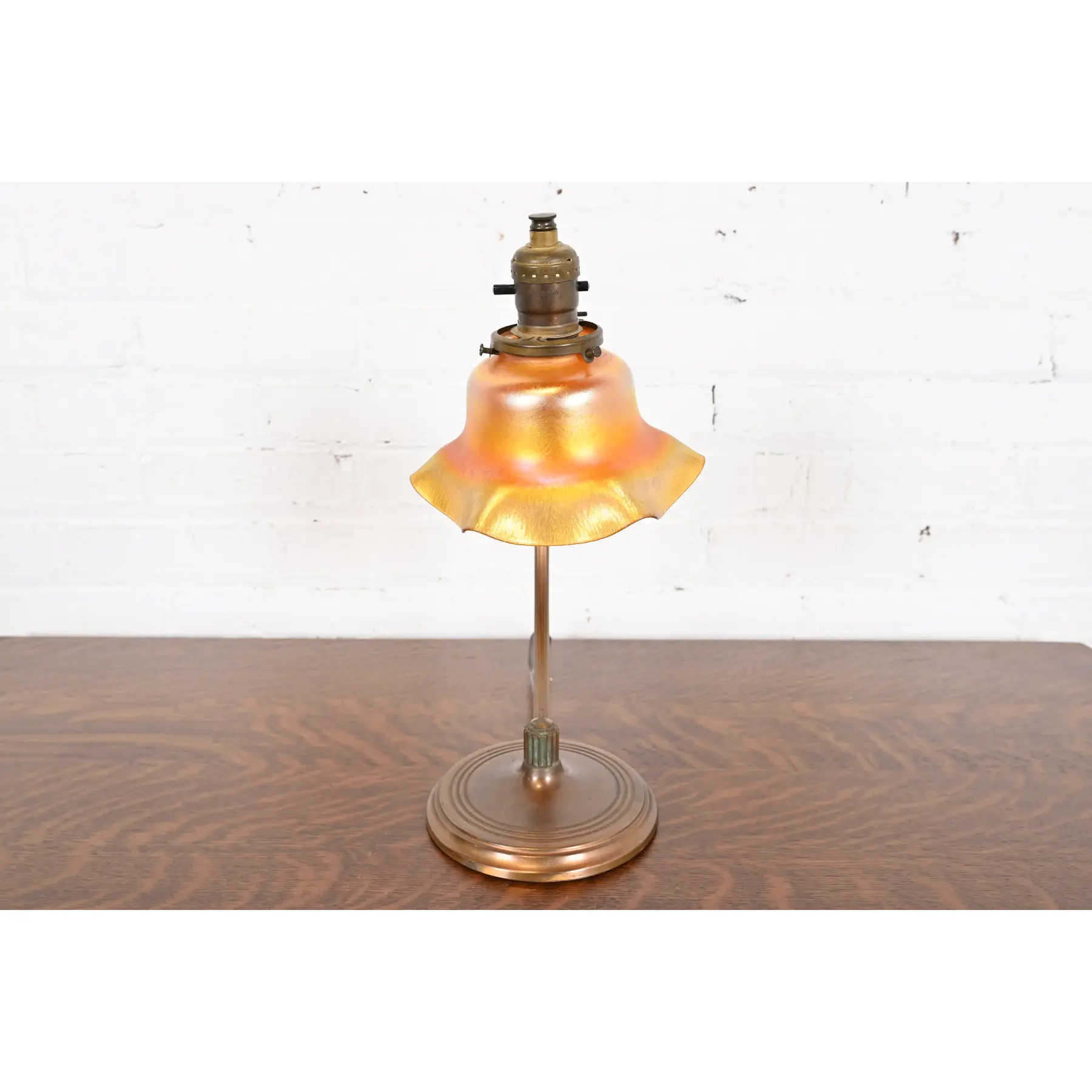 Antique Chase Art Deco Brass Desk Lamp With Quezal Favrile Art Glass Shade, Circa 1930s - Image 4