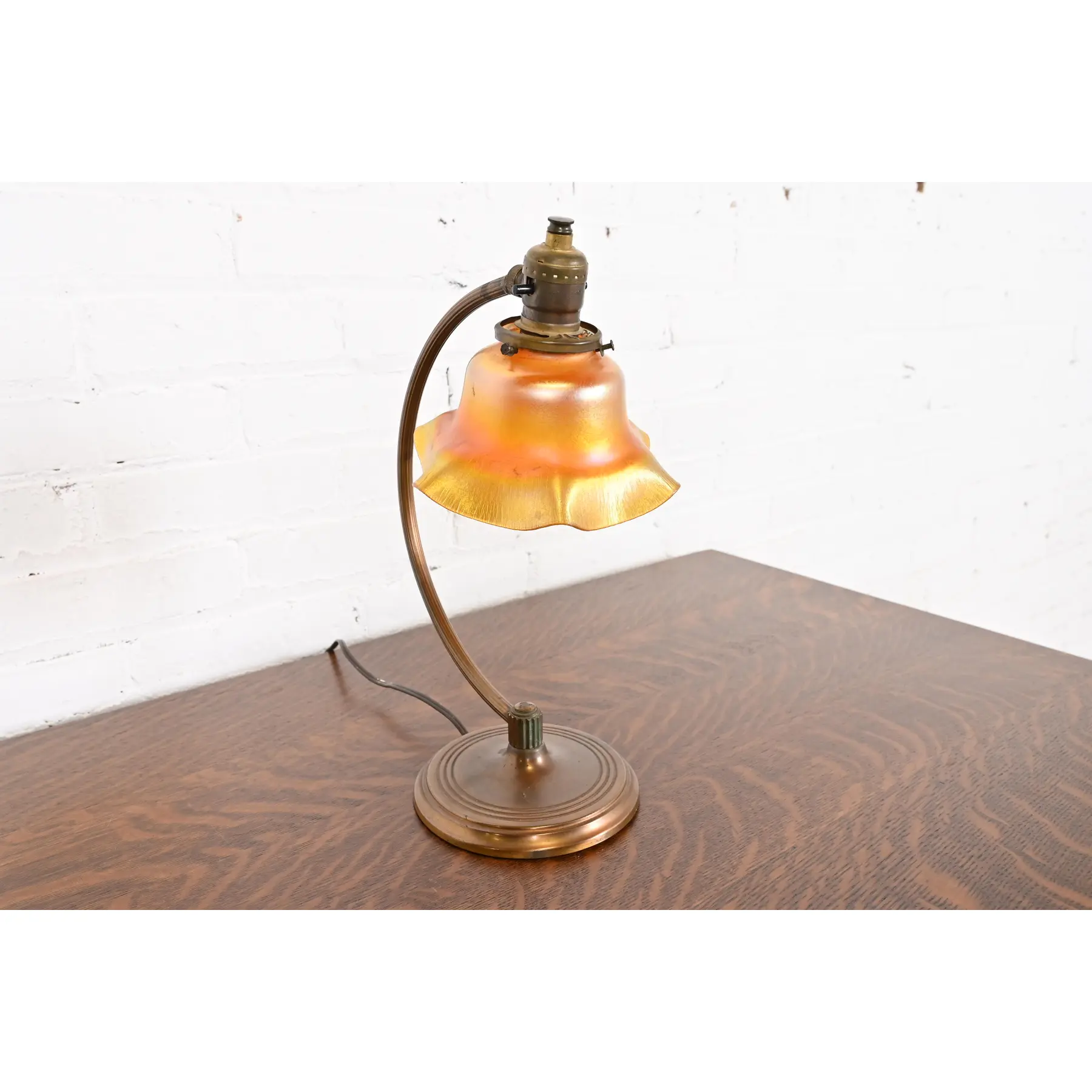 Antique Chase Art Deco Brass Desk Lamp With Quezal Favrile Art Glass Shade, Circa 1930s - Image 3