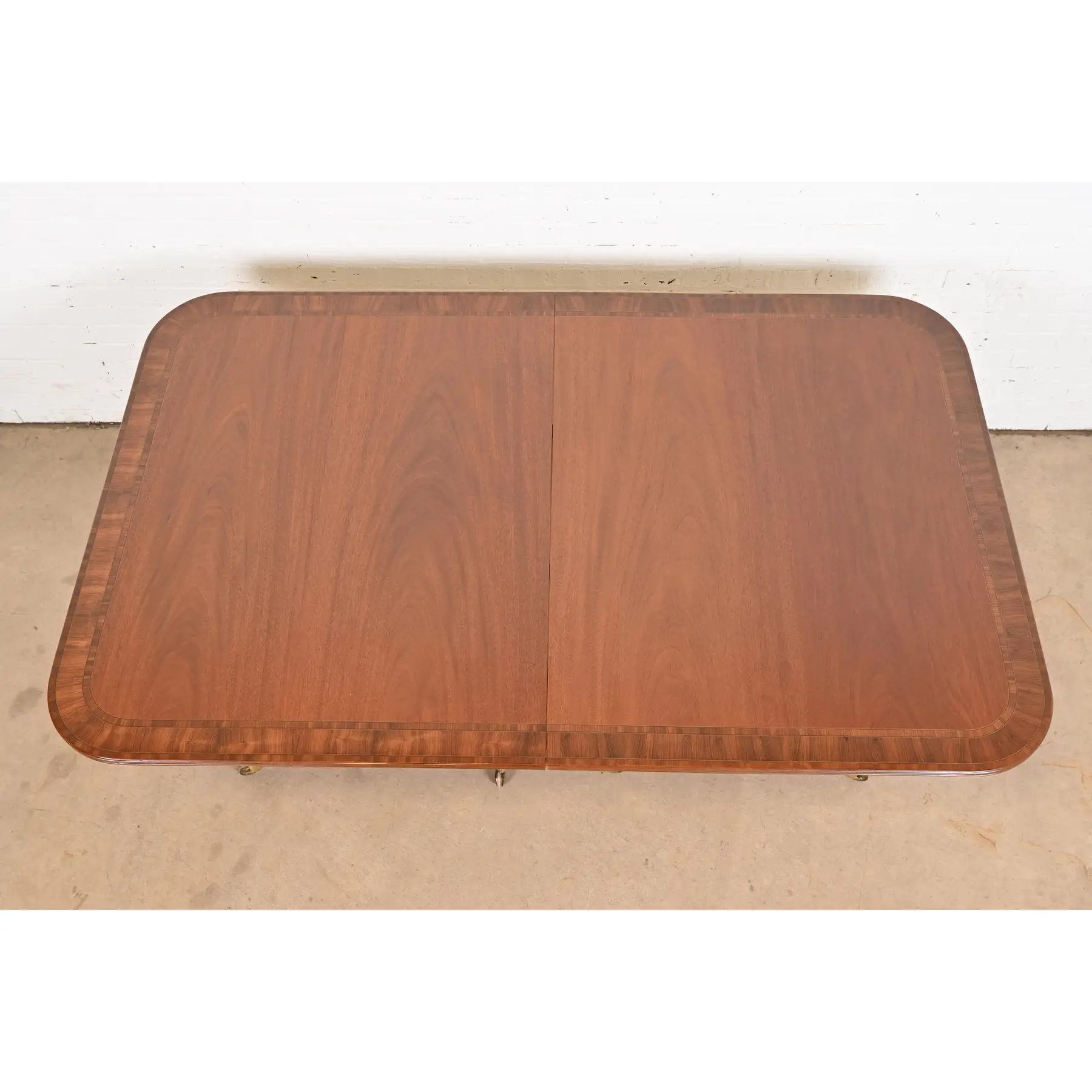 Baker Furniture Style Georgian Banded Mahogany Triple Pedestal Extension Dining Table, Newly Refinished - Image 9