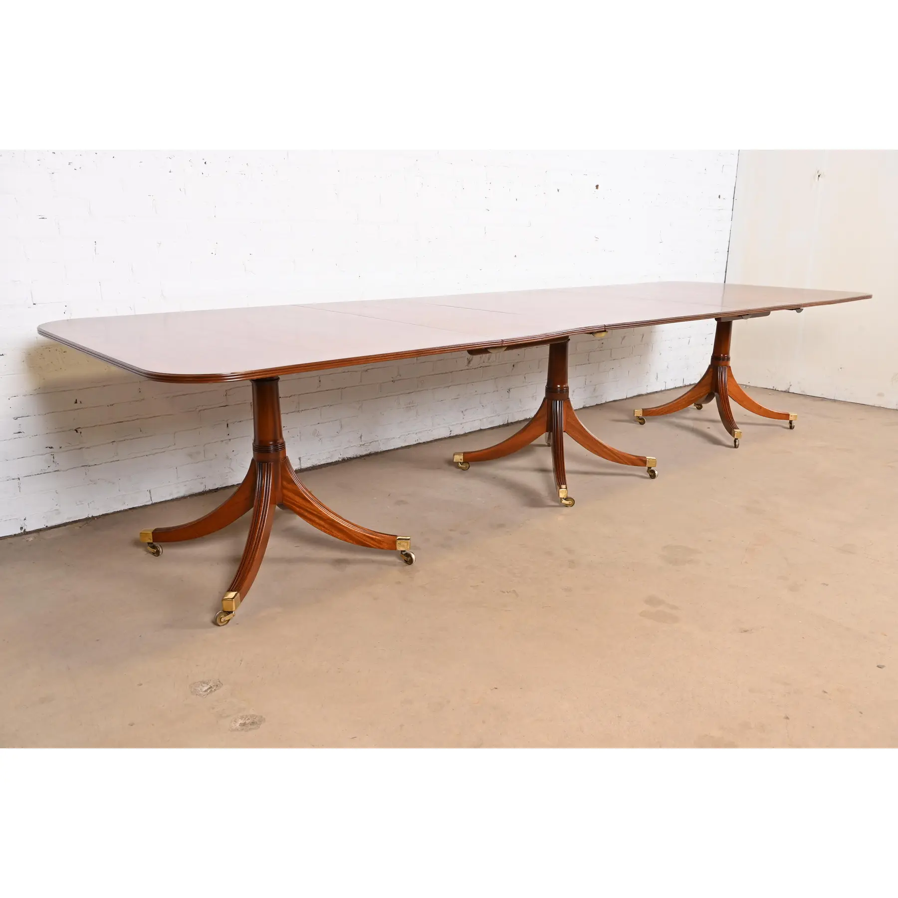 Baker Furniture Style Georgian Banded Mahogany Triple Pedestal Extension Dining Table, Newly Refinished - Image 4
