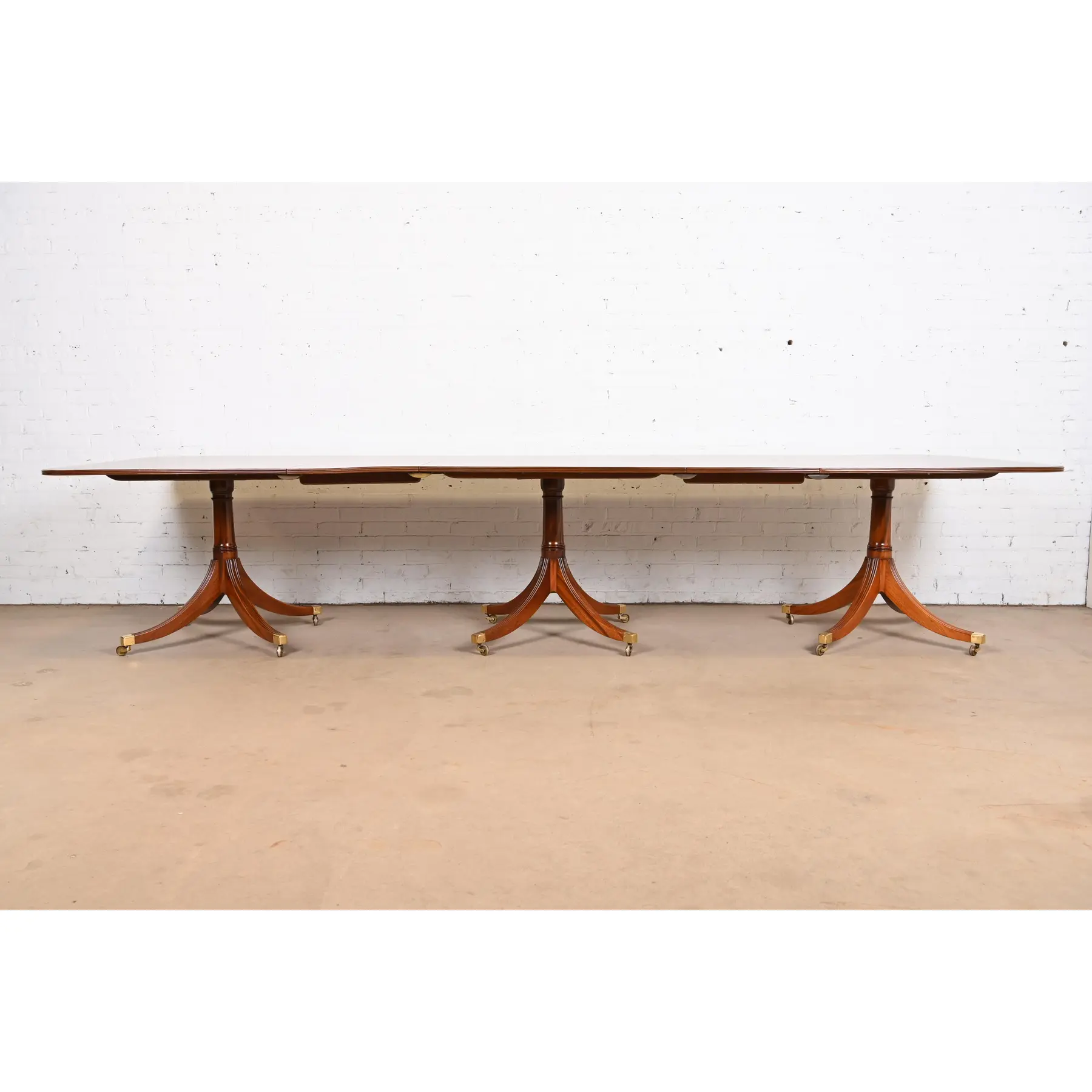 Baker Furniture Style Georgian Banded Mahogany Triple Pedestal Extension Dining Table, Newly Refinished - Image 3