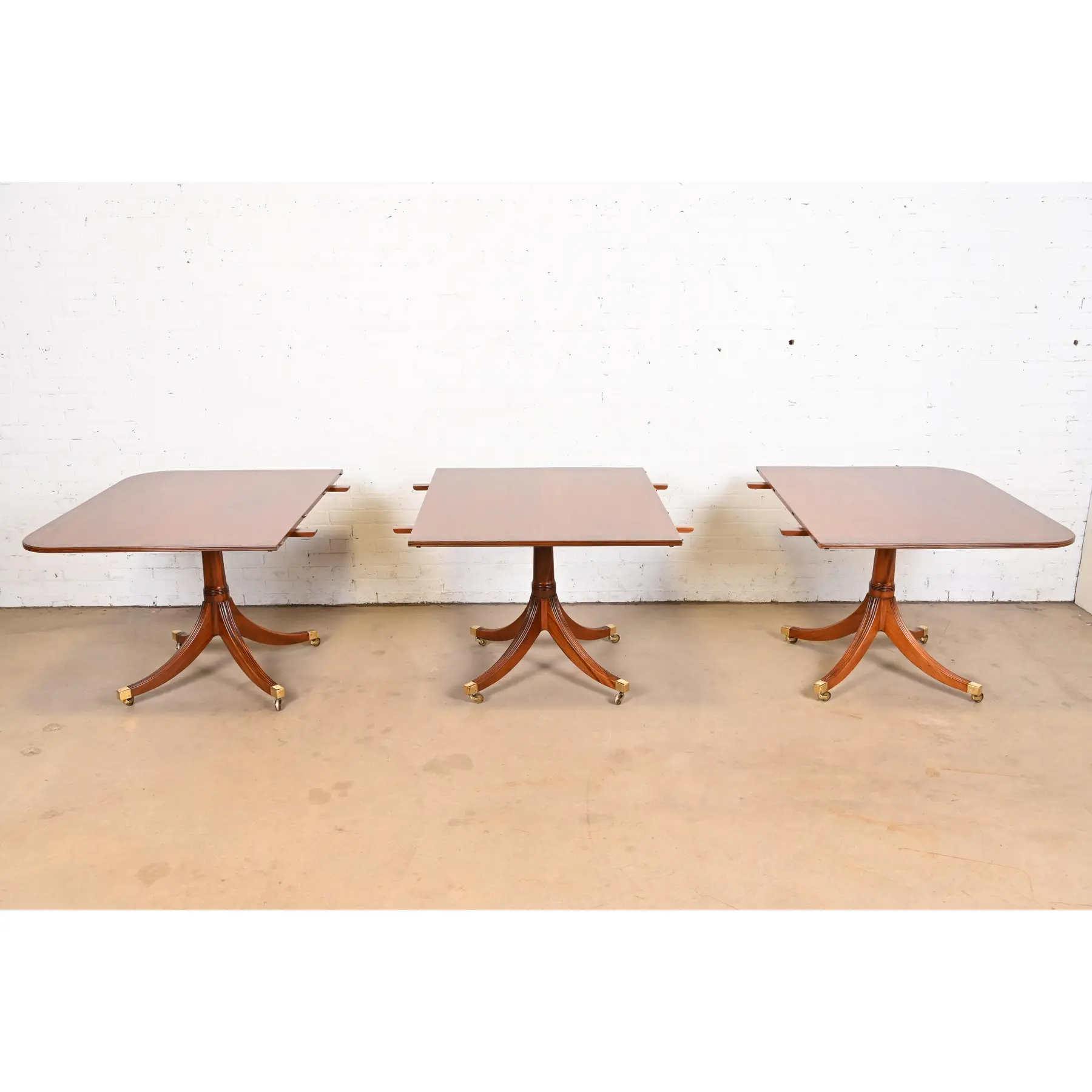 Baker Furniture Style Georgian Banded Mahogany Triple Pedestal Extension Dining Table, Newly Refinished - Image 6