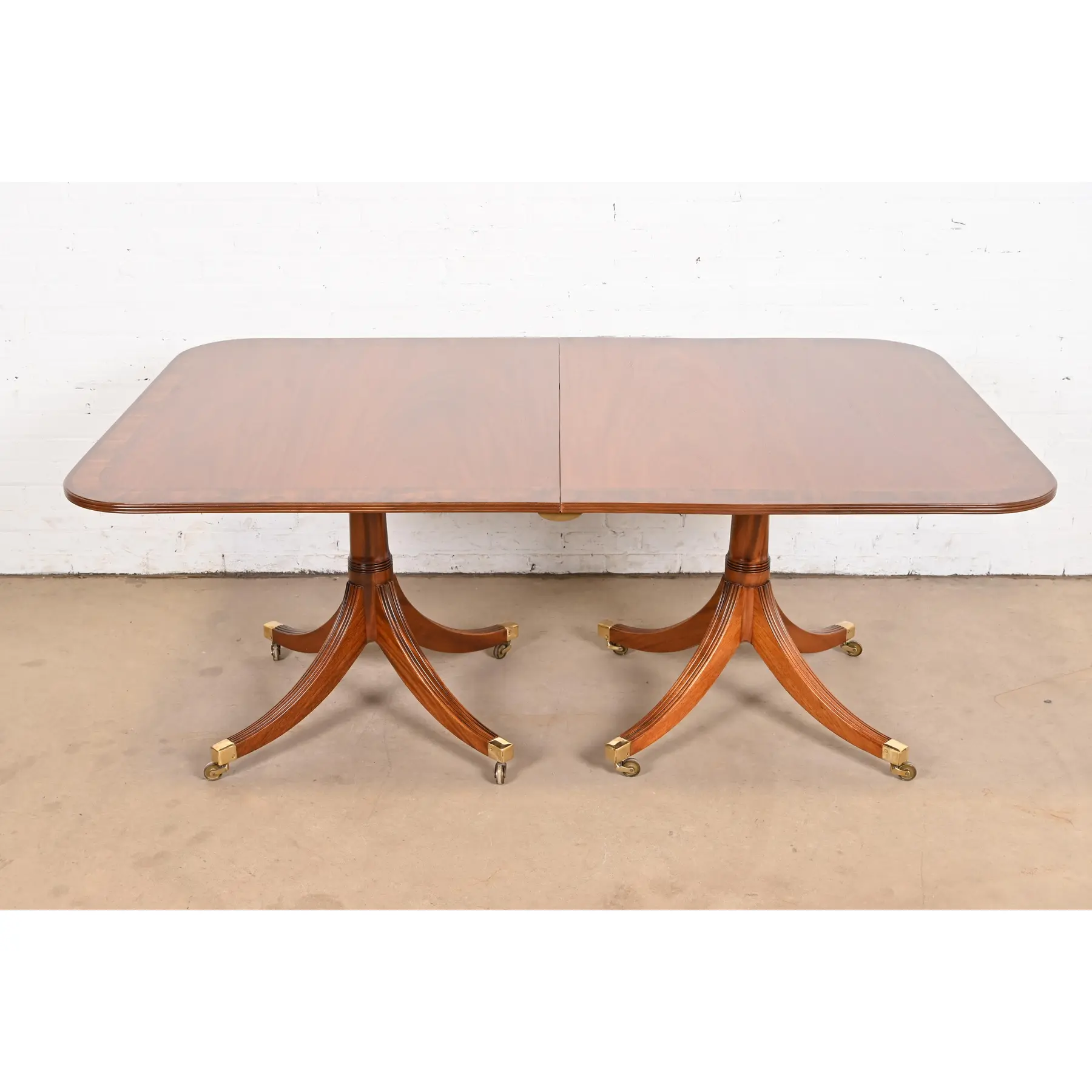 Baker Furniture Style Georgian Banded Mahogany Triple Pedestal Extension Dining Table, Newly Refinished - Image 7