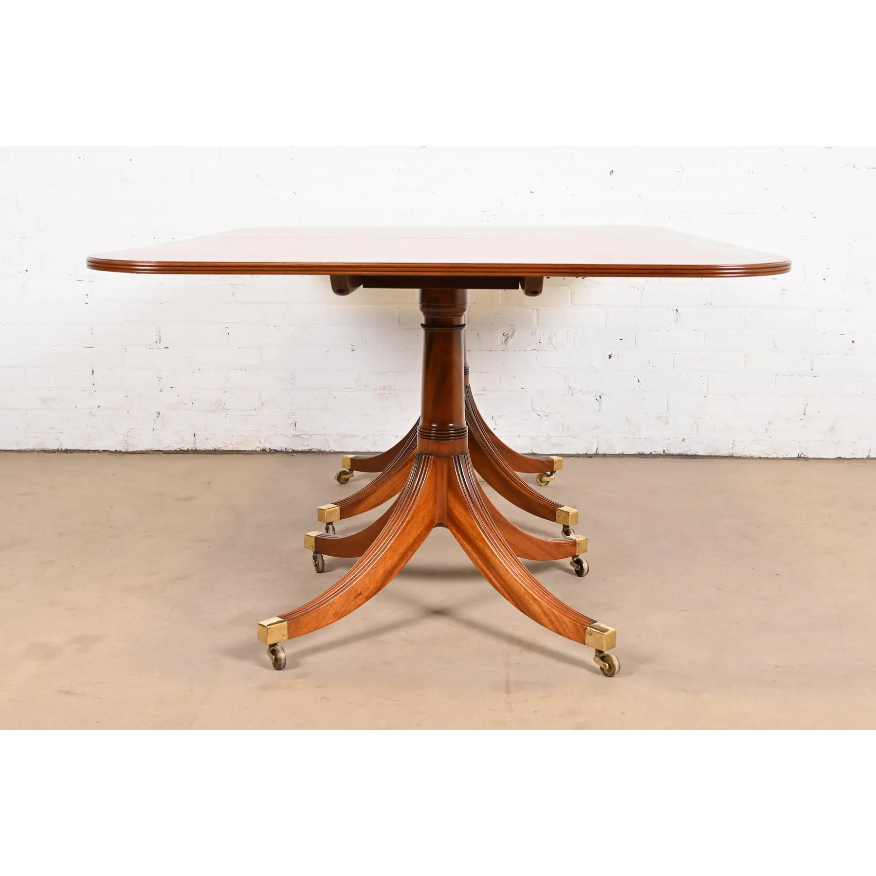 Baker Furniture Style Georgian Banded Mahogany Triple Pedestal Extension Dining Table, Newly Refinished - Image 11
