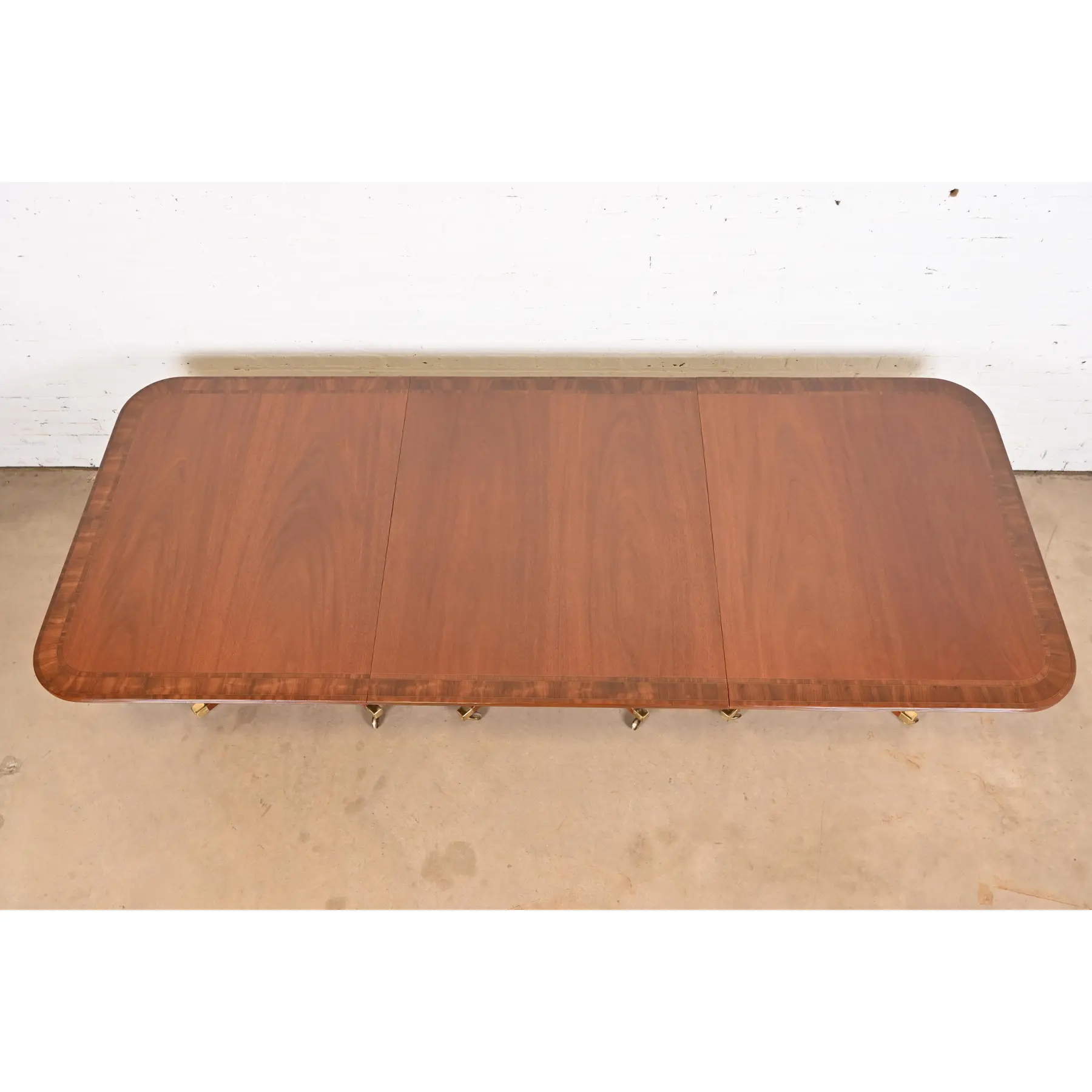 Baker Furniture Style Georgian Banded Mahogany Triple Pedestal Extension Dining Table, Newly Refinished - Image 5