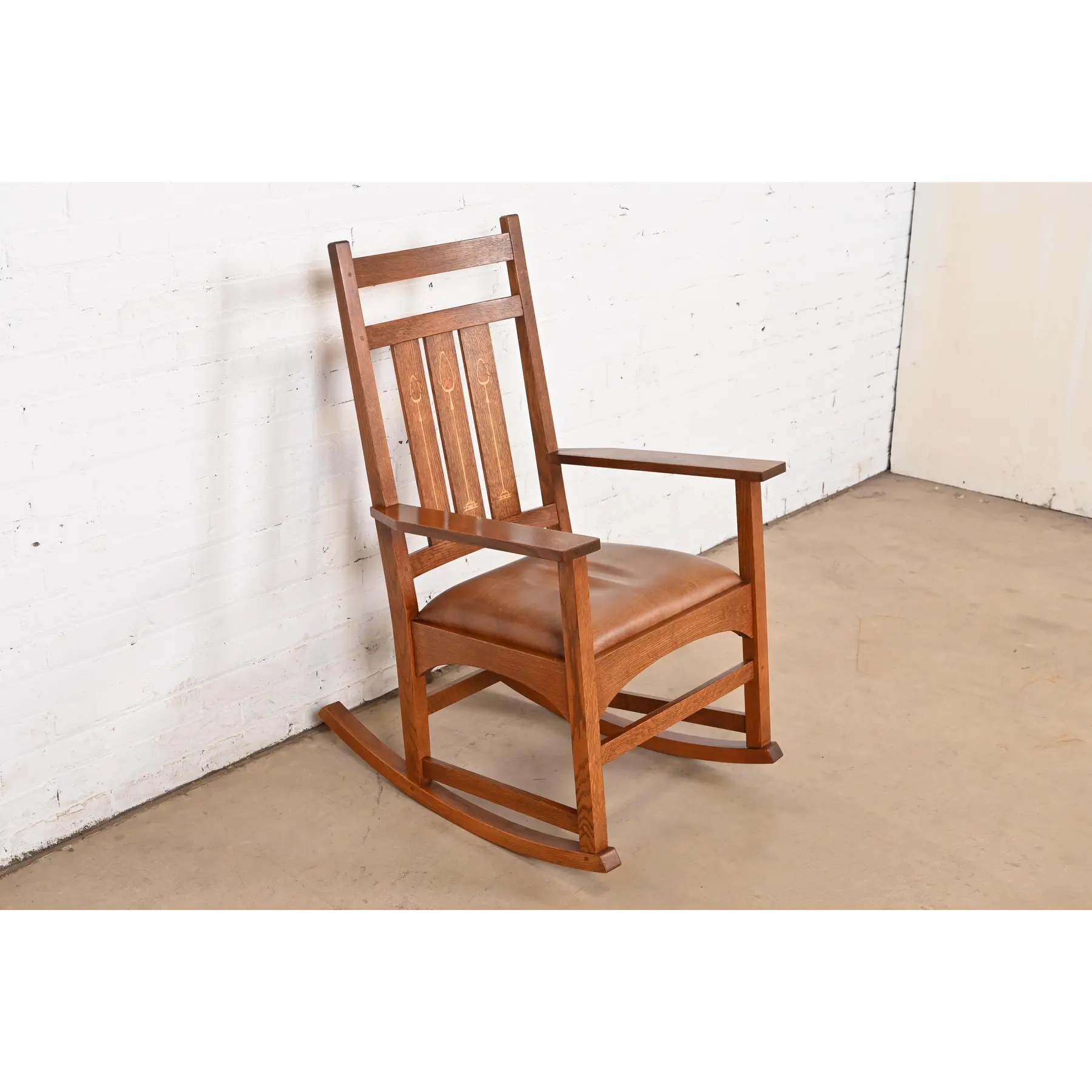 Stickley Harvey Ellis Collection Mission Arts & Crafts Inlaid Oak and Leather Rocking Chair - Image 5