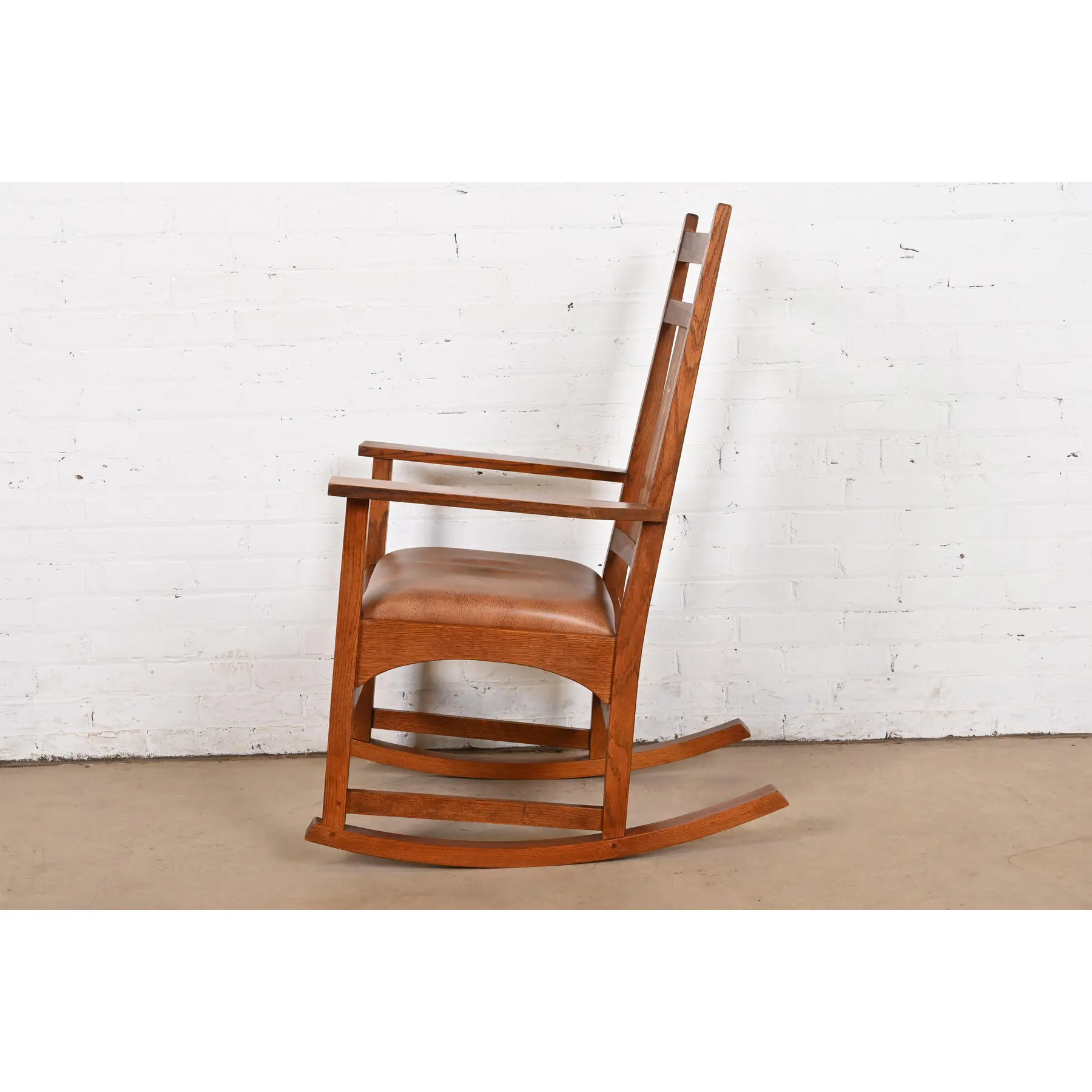 Stickley Harvey Ellis Collection Mission Arts & Crafts Inlaid Oak and Leather Rocking Chair - Image 8
