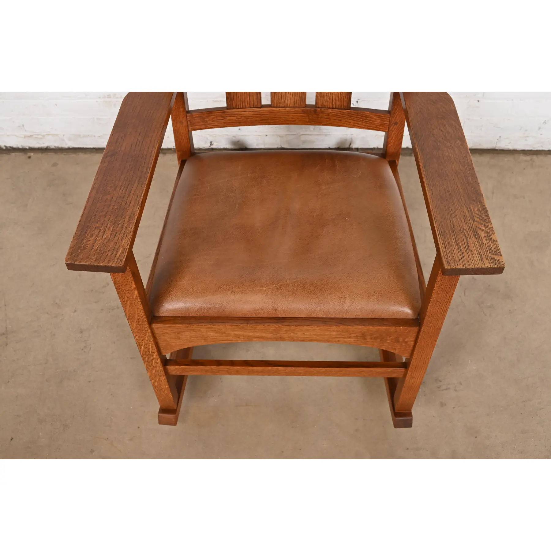 Stickley Harvey Ellis Collection Mission Arts & Crafts Inlaid Oak and Leather Rocking Chair - Image 7