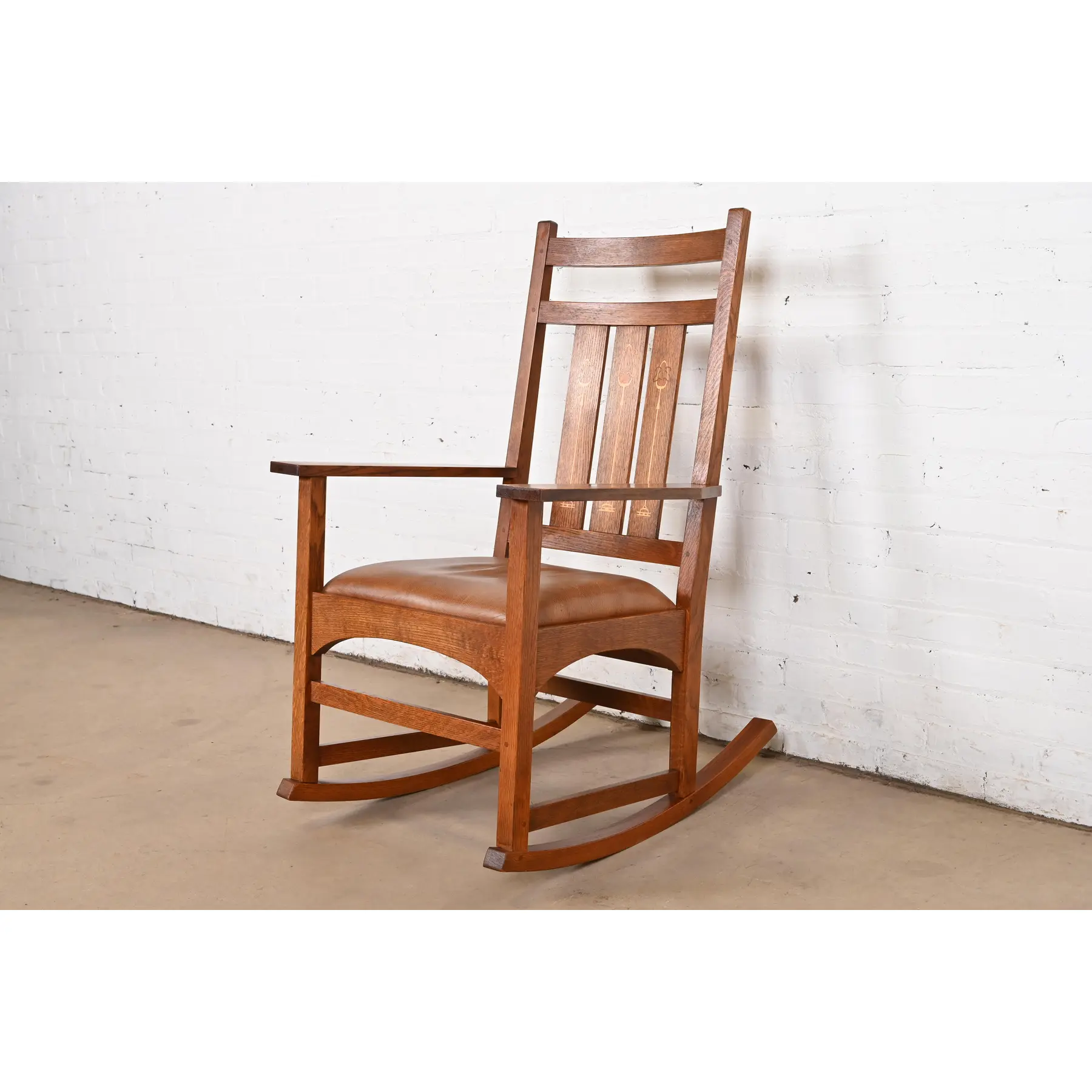 Stickley Harvey Ellis Collection Mission Arts & Crafts Inlaid Oak and Leather Rocking Chair - Image 4
