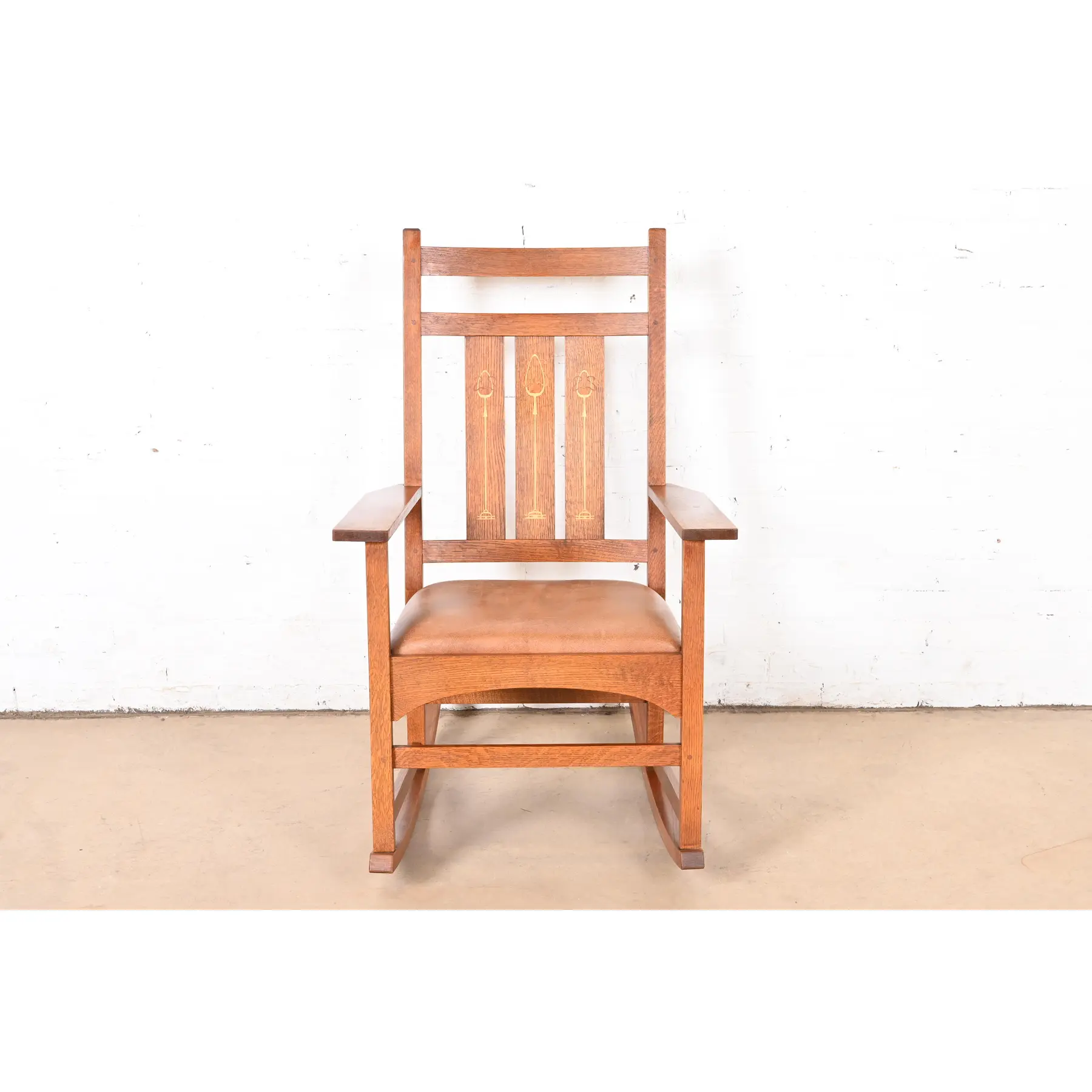 Stickley Harvey Ellis Collection Mission Arts & Crafts Inlaid Oak and Leather Rocking Chair - Image 2