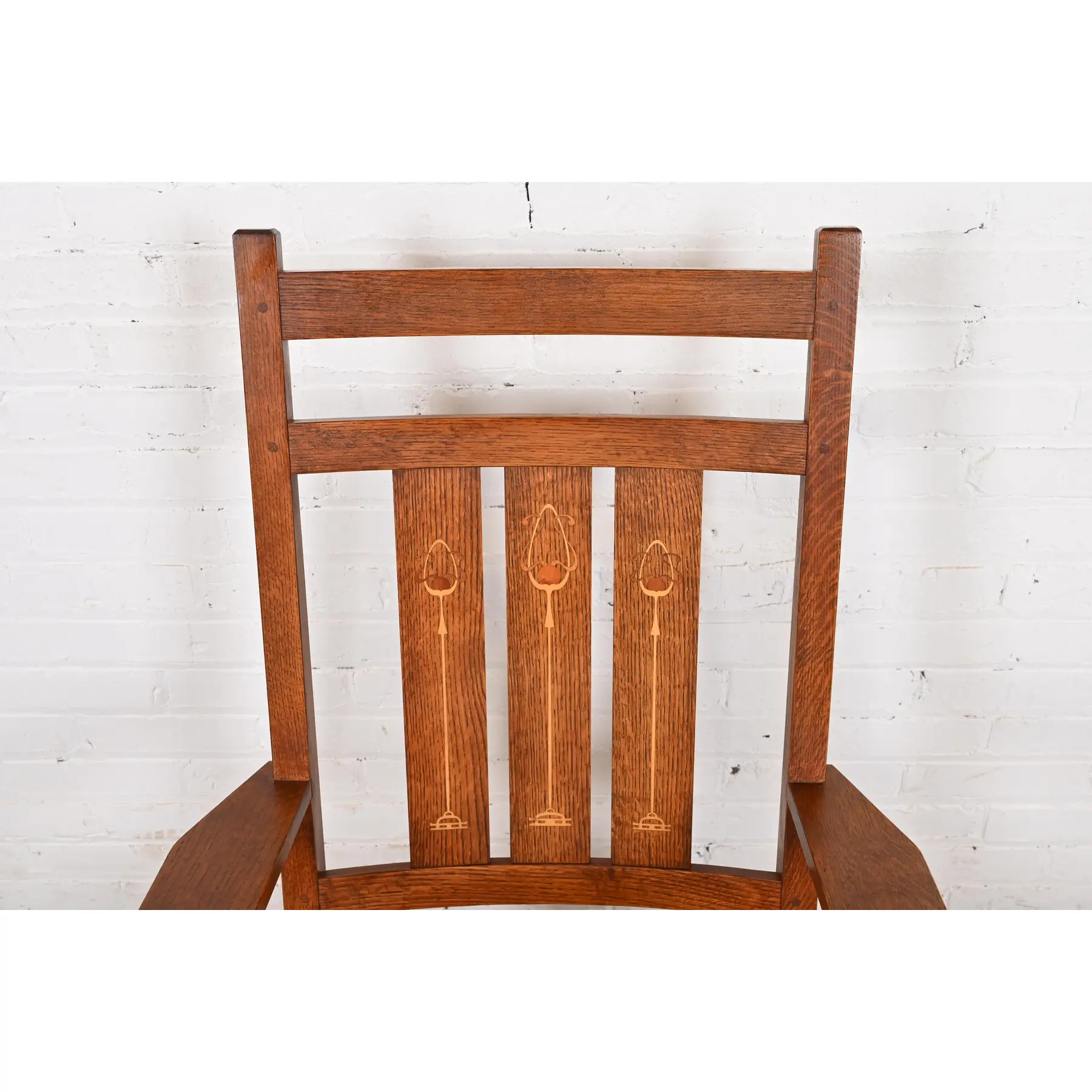 Stickley Harvey Ellis Collection Mission Arts & Crafts Inlaid Oak and Leather Rocking Chair - Image 6