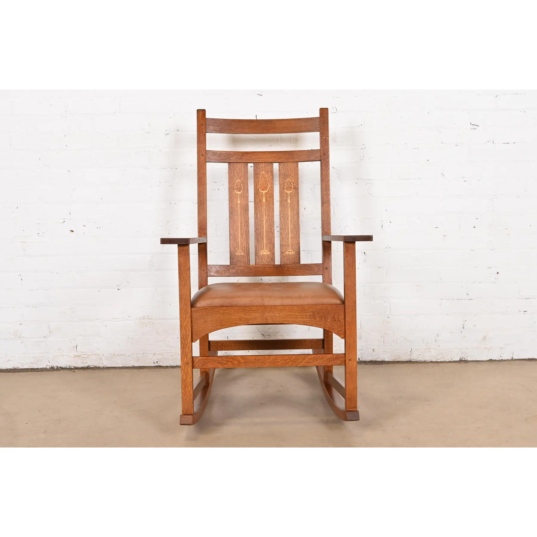 Stickley Harvey Ellis Collection Mission Arts & Crafts Inlaid Oak and Leather Rocking Chair - Image 3
