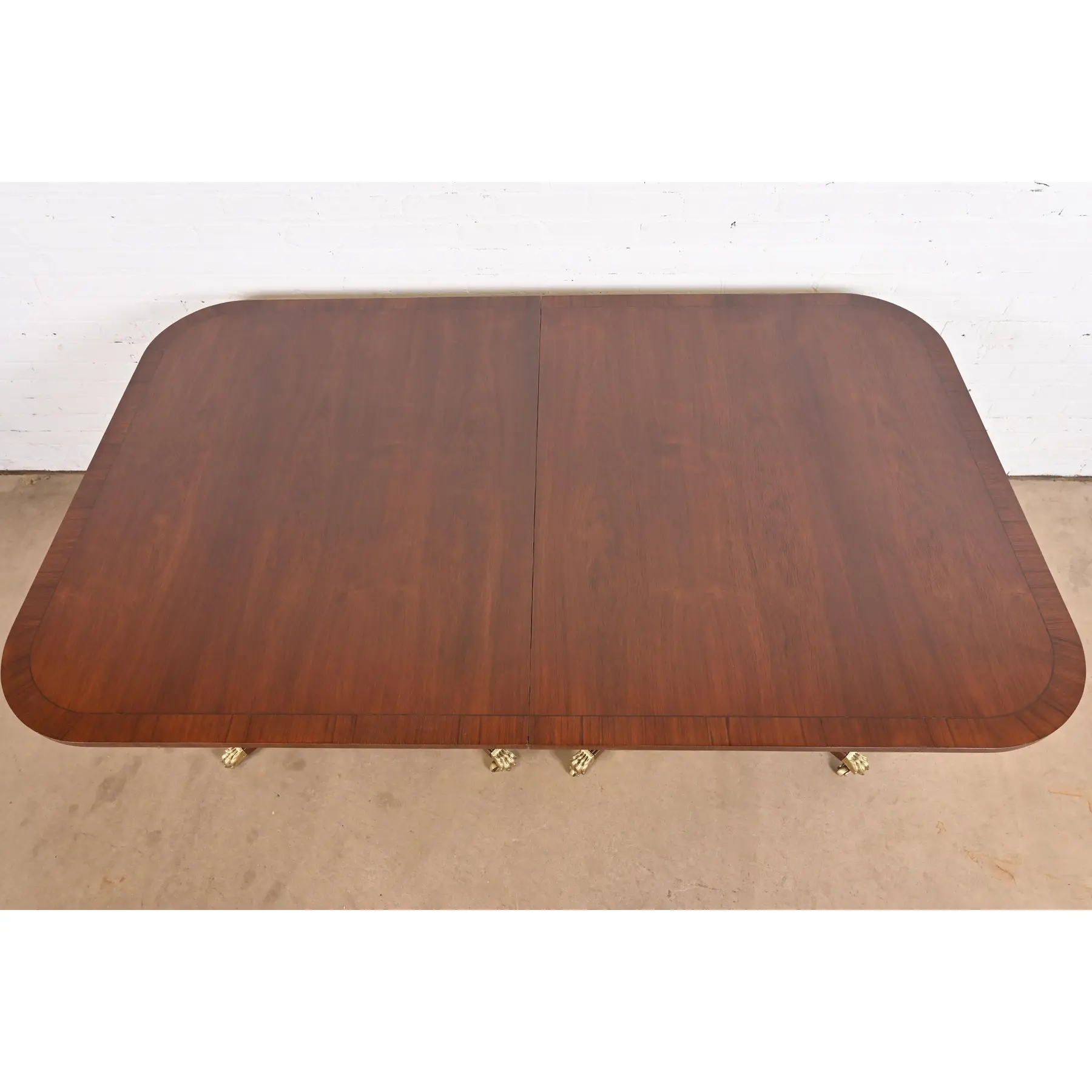 Baker Furniture Style Georgian Banded Mahogany Double Pedestal Extension Dining Table, Newly Refinished - Image 6