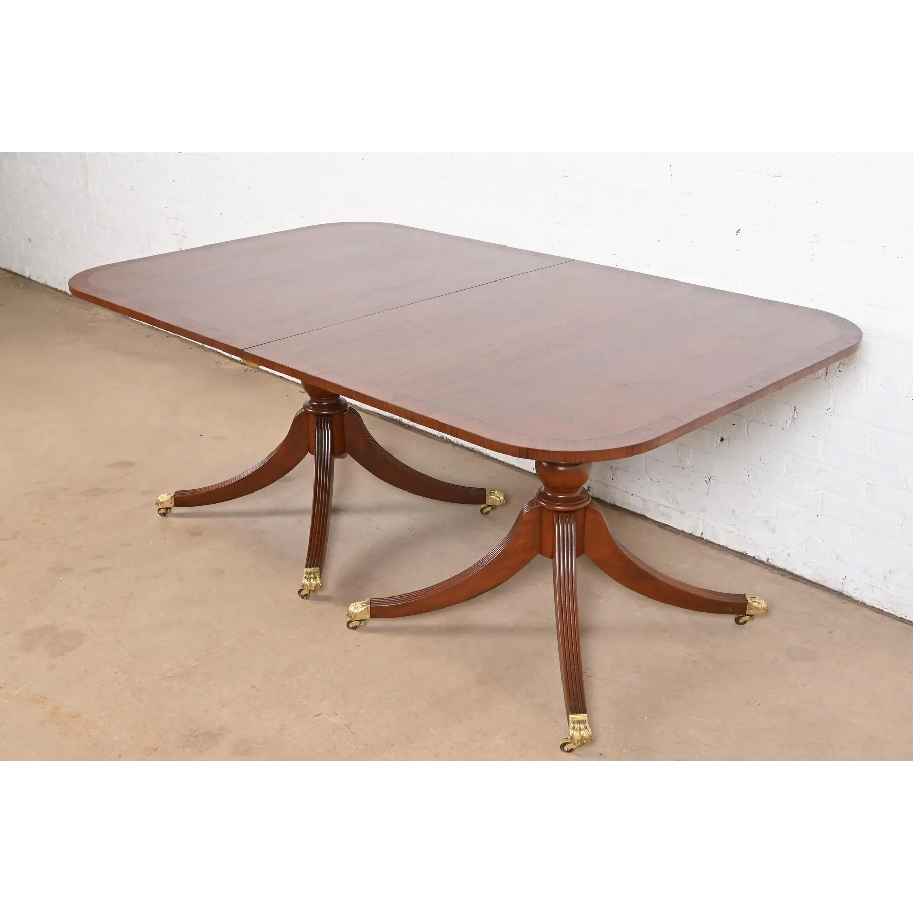 Baker Furniture Style Georgian Banded Mahogany Double Pedestal Extension Dining Table, Newly Refinished - Image 9