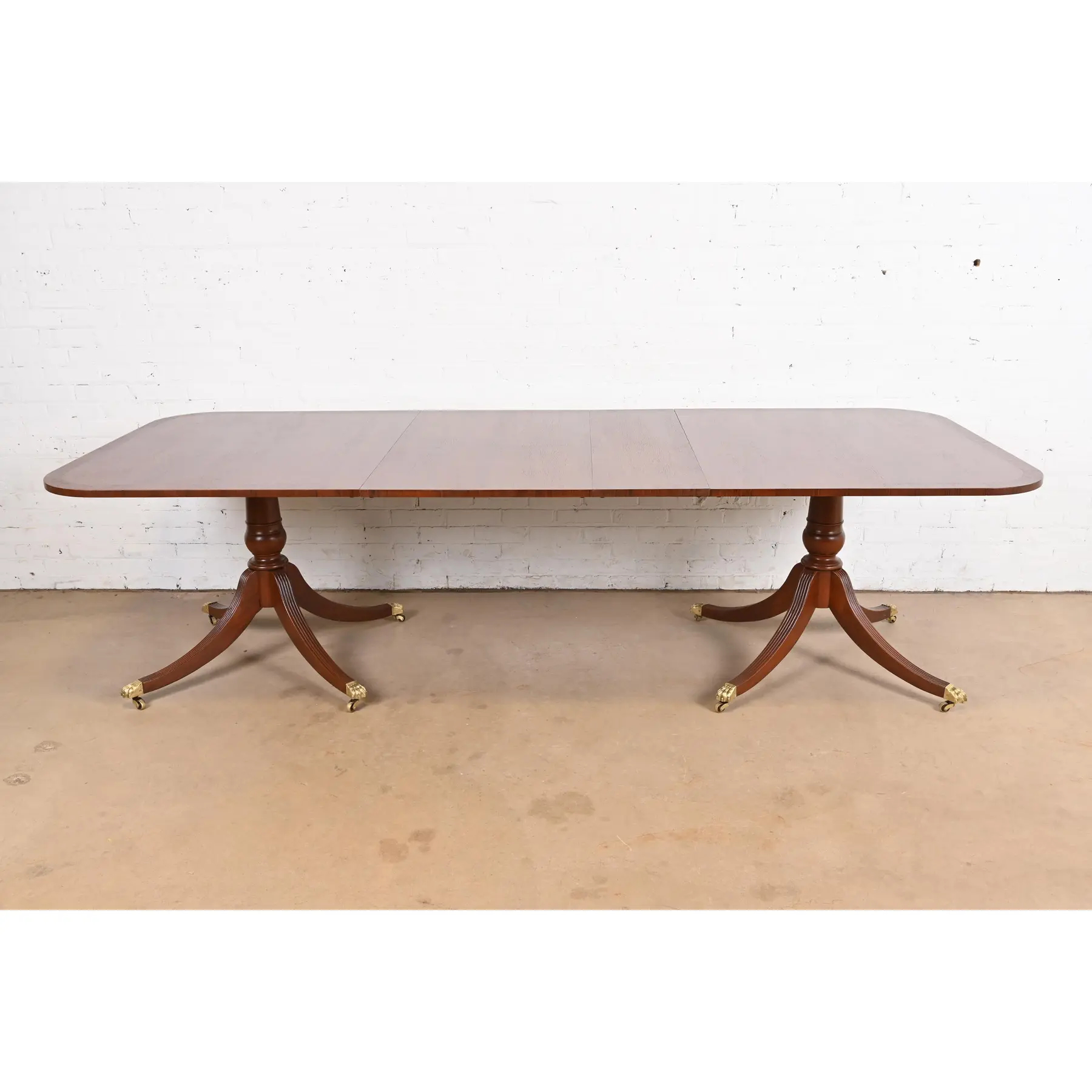 Baker Furniture Style Georgian Banded Mahogany Double Pedestal Extension Dining Table, Newly Refinished - Image 2