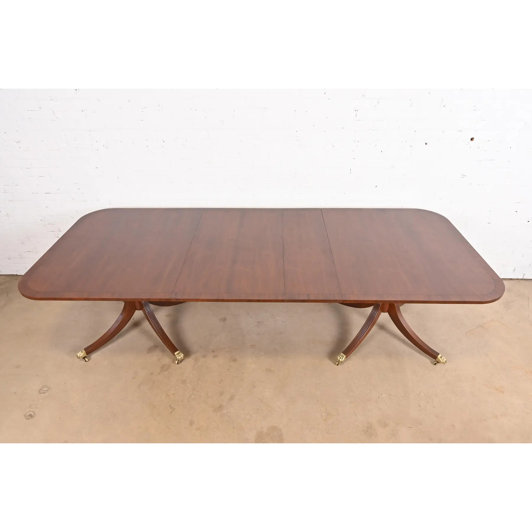 Baker Furniture Style Georgian Banded Mahogany Double Pedestal Extension Dining Table, Newly Refinished - Image 5