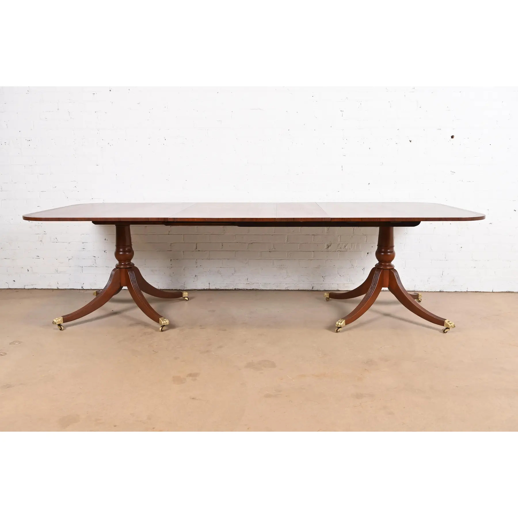 Baker Furniture Style Georgian Banded Mahogany Double Pedestal Extension Dining Table, Newly Refinished - Image 3