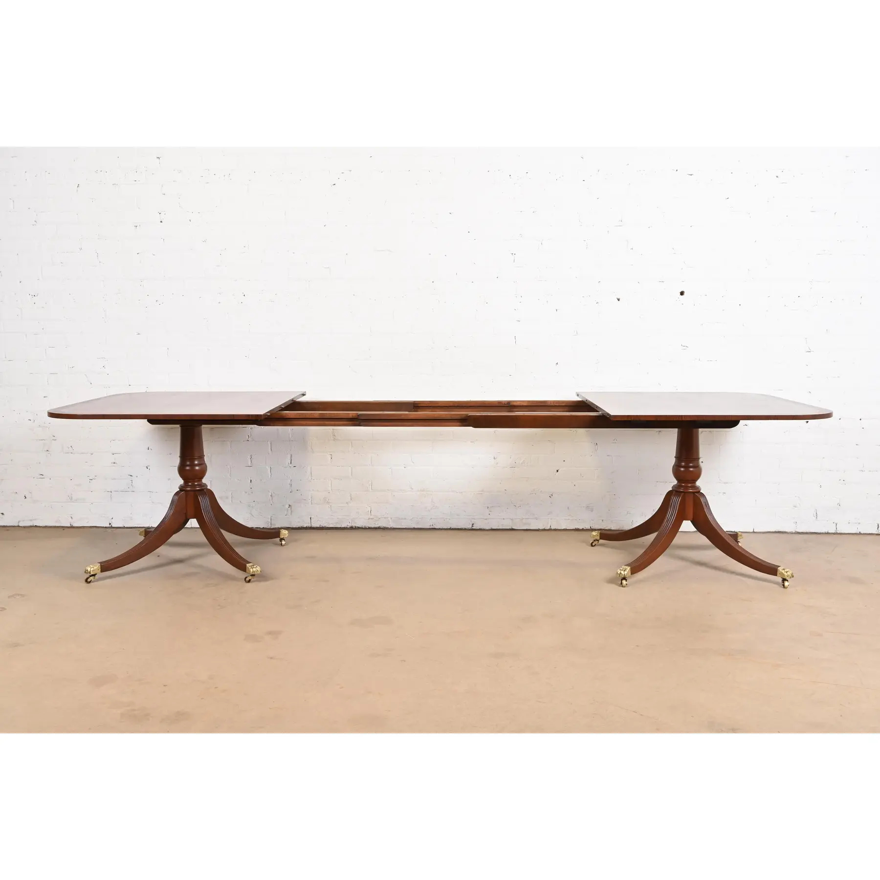 Baker Furniture Style Georgian Banded Mahogany Double Pedestal Extension Dining Table, Newly Refinished - Image 7