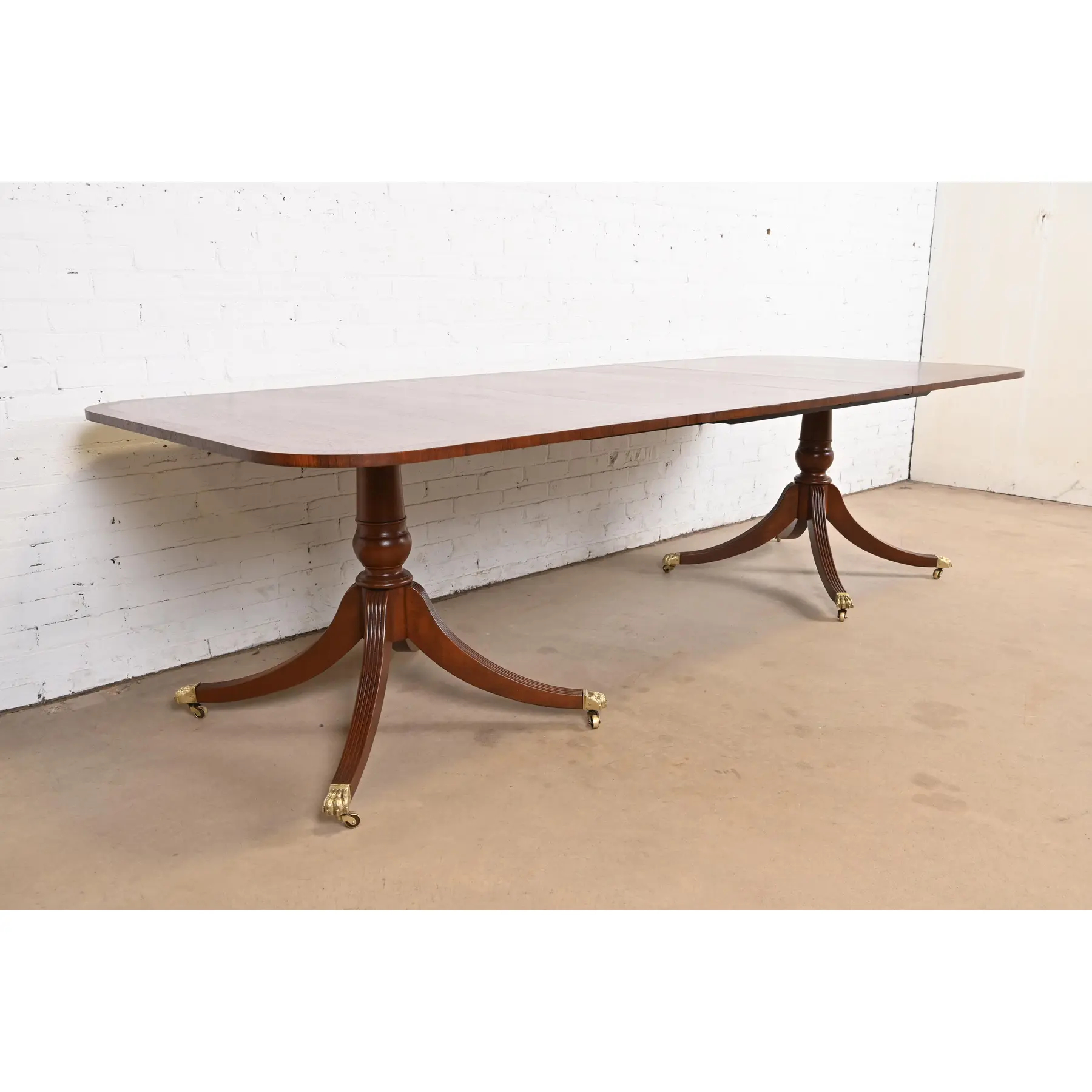 Baker Furniture Style Georgian Banded Mahogany Double Pedestal Extension Dining Table, Newly Refinished - Image 4