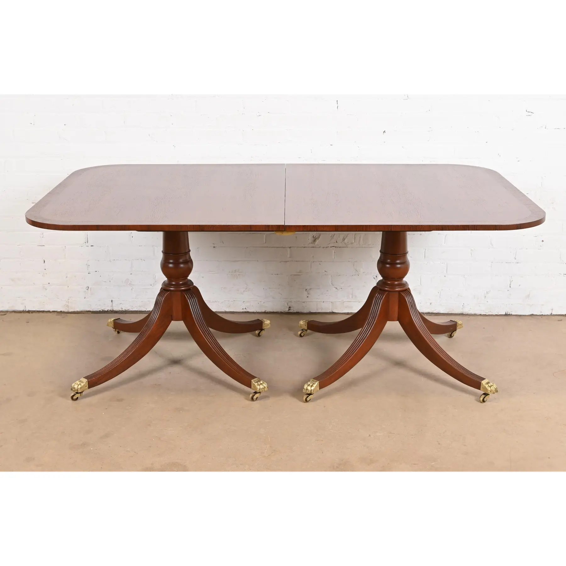 Baker Furniture Style Georgian Banded Mahogany Double Pedestal Extension Dining Table, Newly Refinished - Image 8