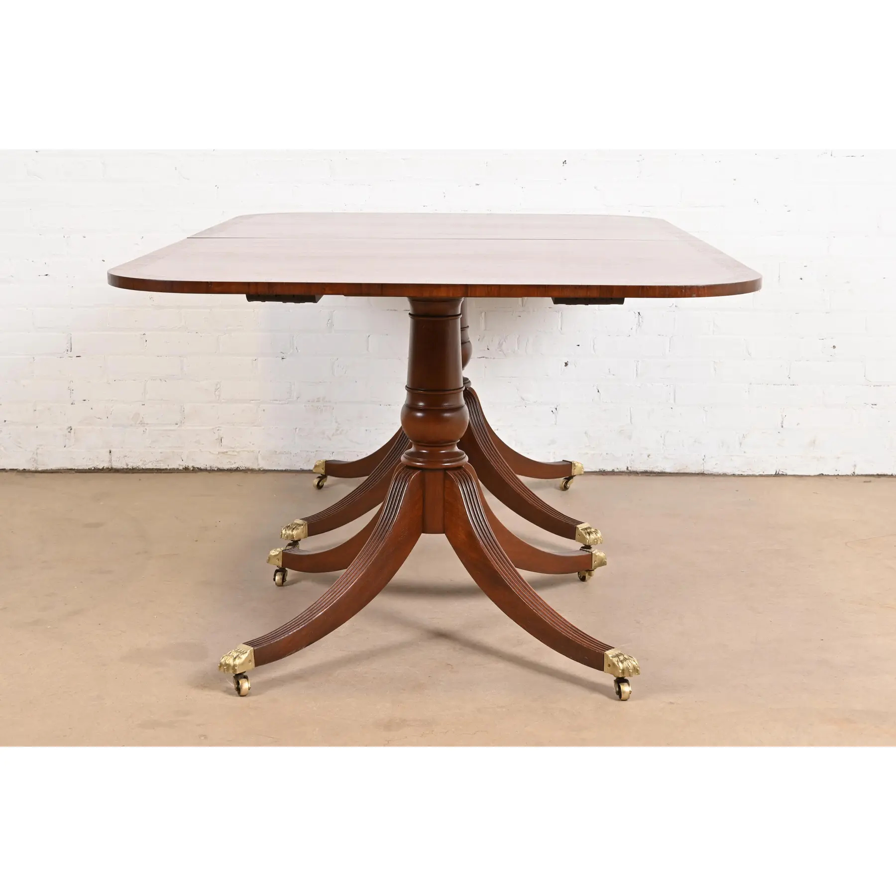 Baker Furniture Style Georgian Banded Mahogany Double Pedestal Extension Dining Table, Newly Refinished - Image 11