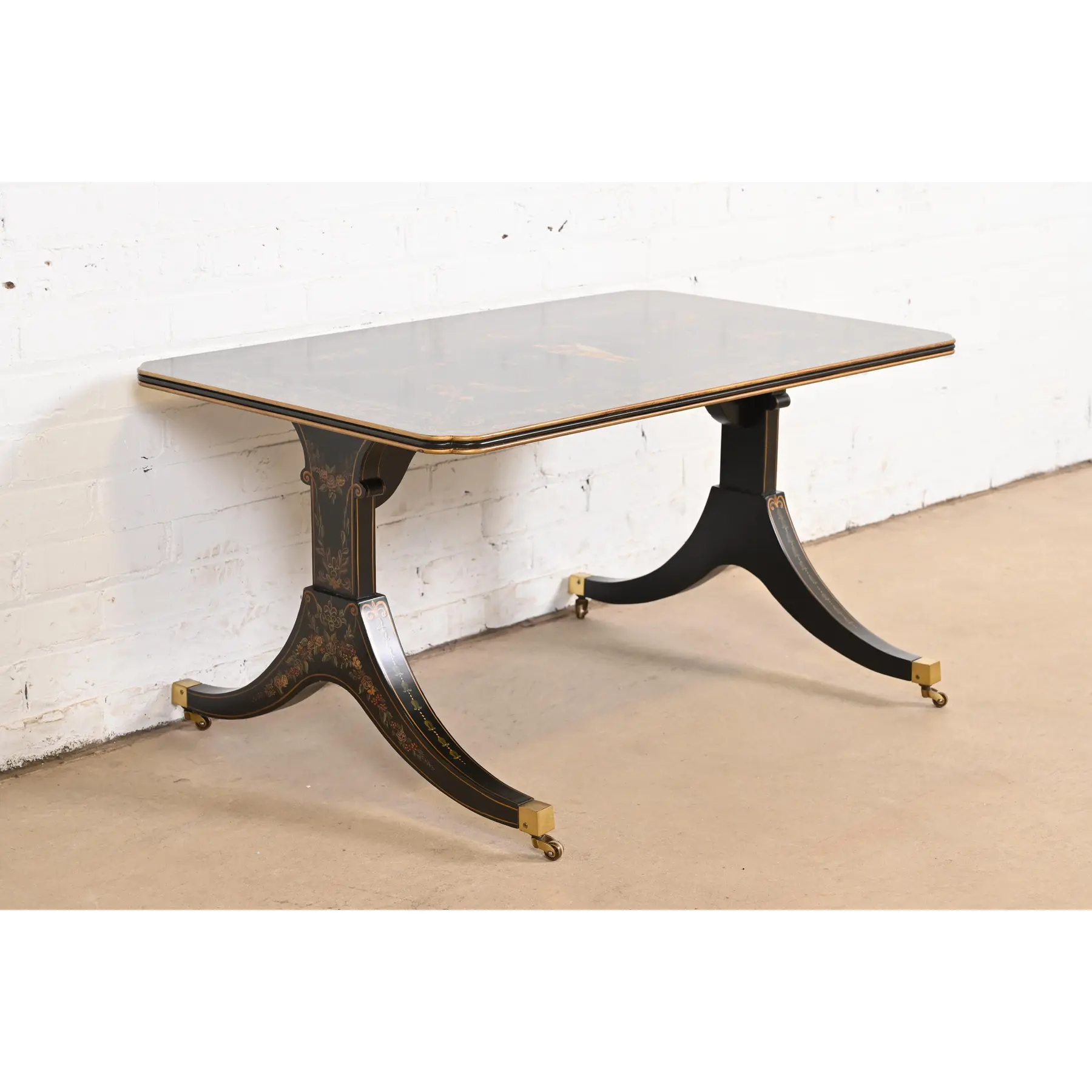Baker Furniture Style Italian Regency Hand Painted Black Lacquered Coffee Table, Circa 1960s - Image 5