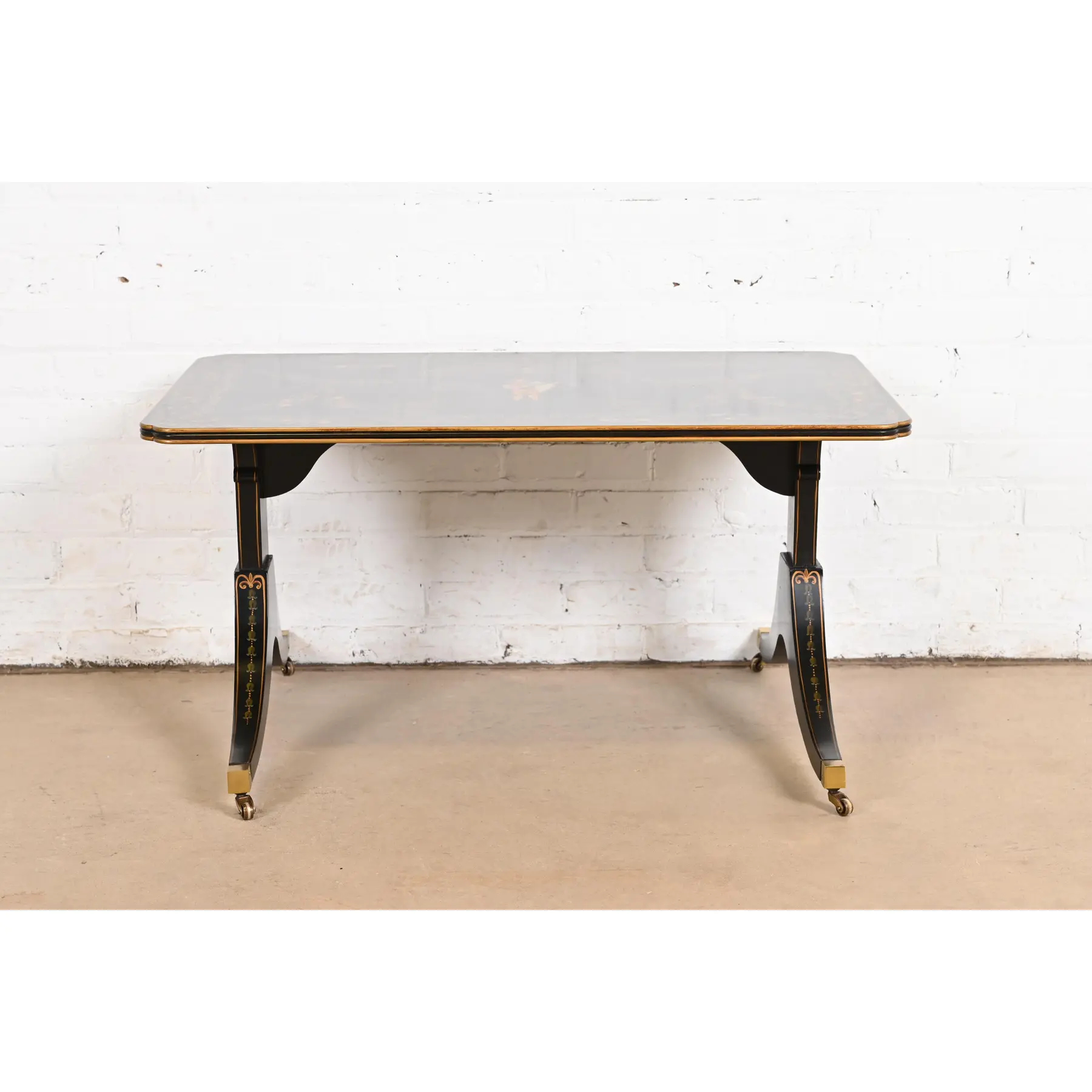 Baker Furniture Style Italian Regency Hand Painted Black Lacquered Coffee Table, Circa 1960s - Image 3