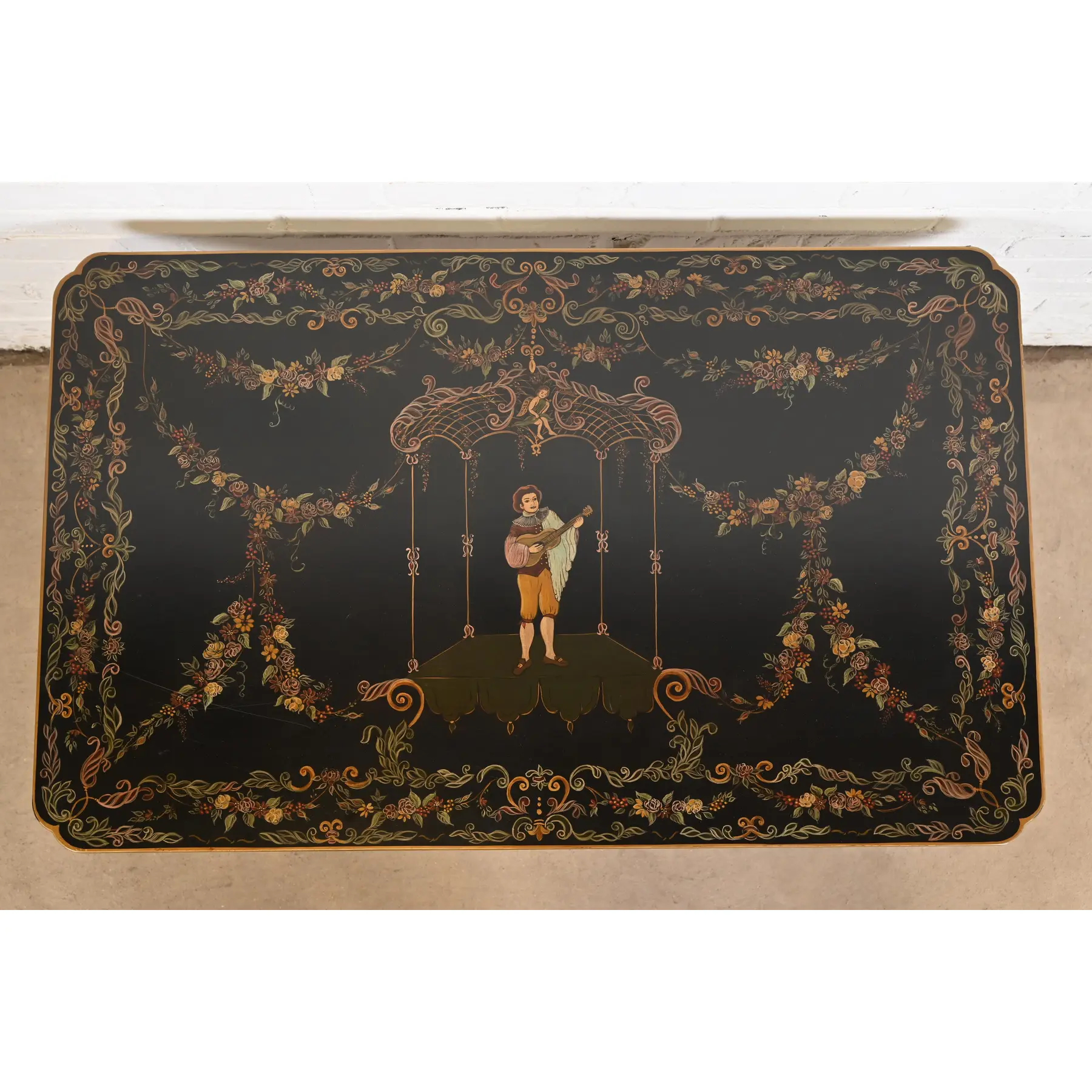 Baker Furniture Style Italian Regency Hand Painted Black Lacquered Coffee Table, Circa 1960s - Image 2