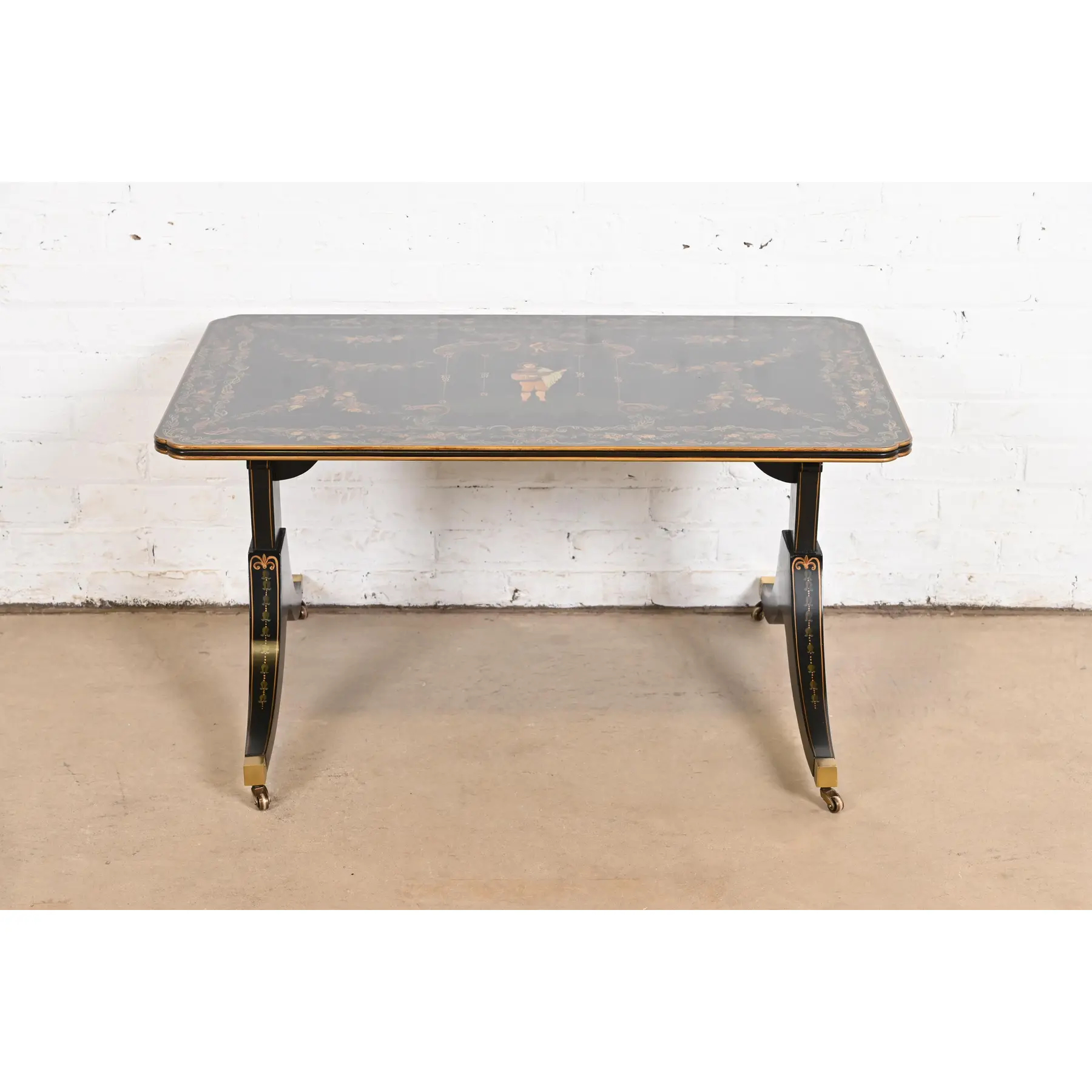 Baker Furniture Style Italian Regency Hand Painted Black Lacquered Coffee Table, Circa 1960s - Image 4
