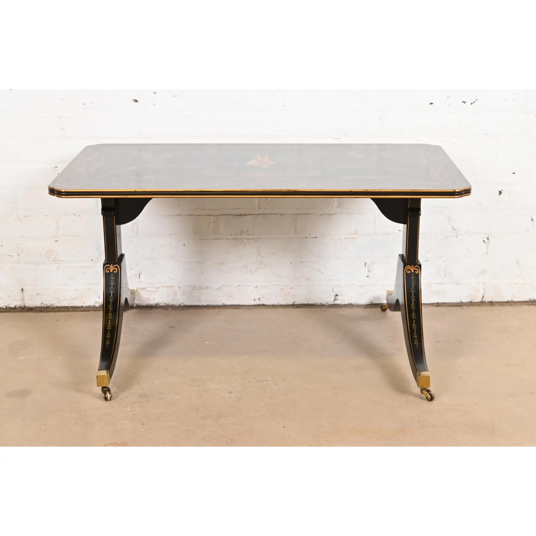 Baker Furniture Style Italian Regency Hand Painted Black Lacquered Coffee Table, Circa 1960s - Image 11