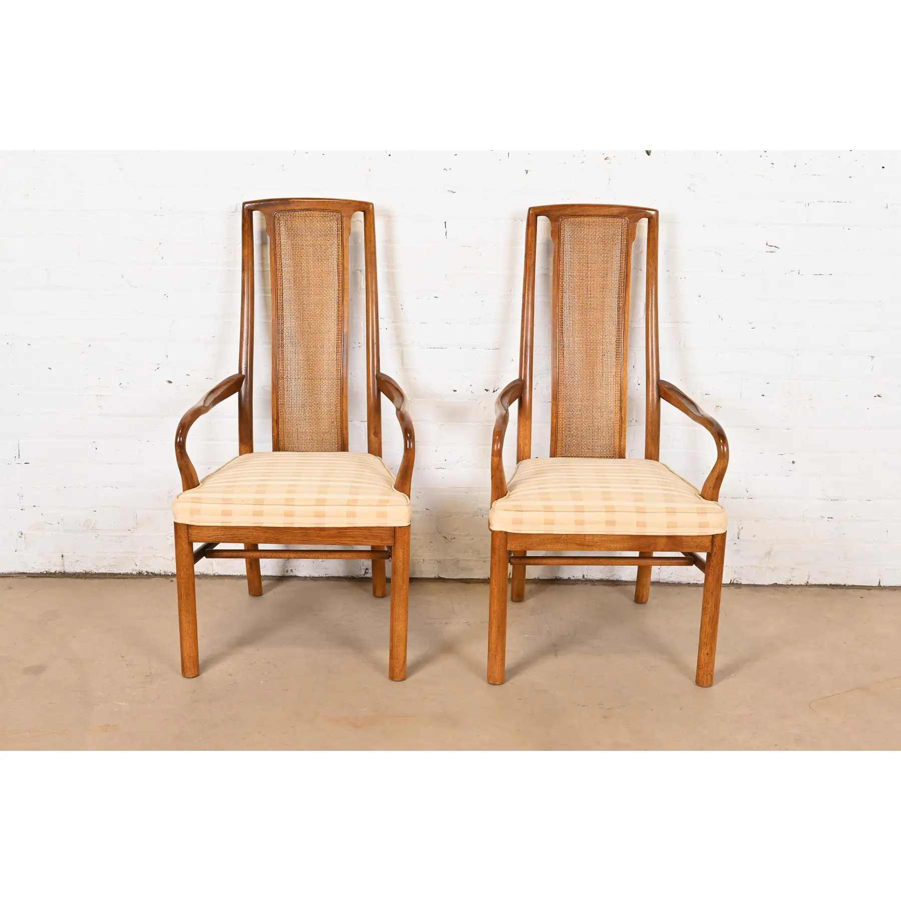 Drexel Heritage Mid-Century Modern Walnut and Cane High Back Dining Armchairs, Pair - Image 2