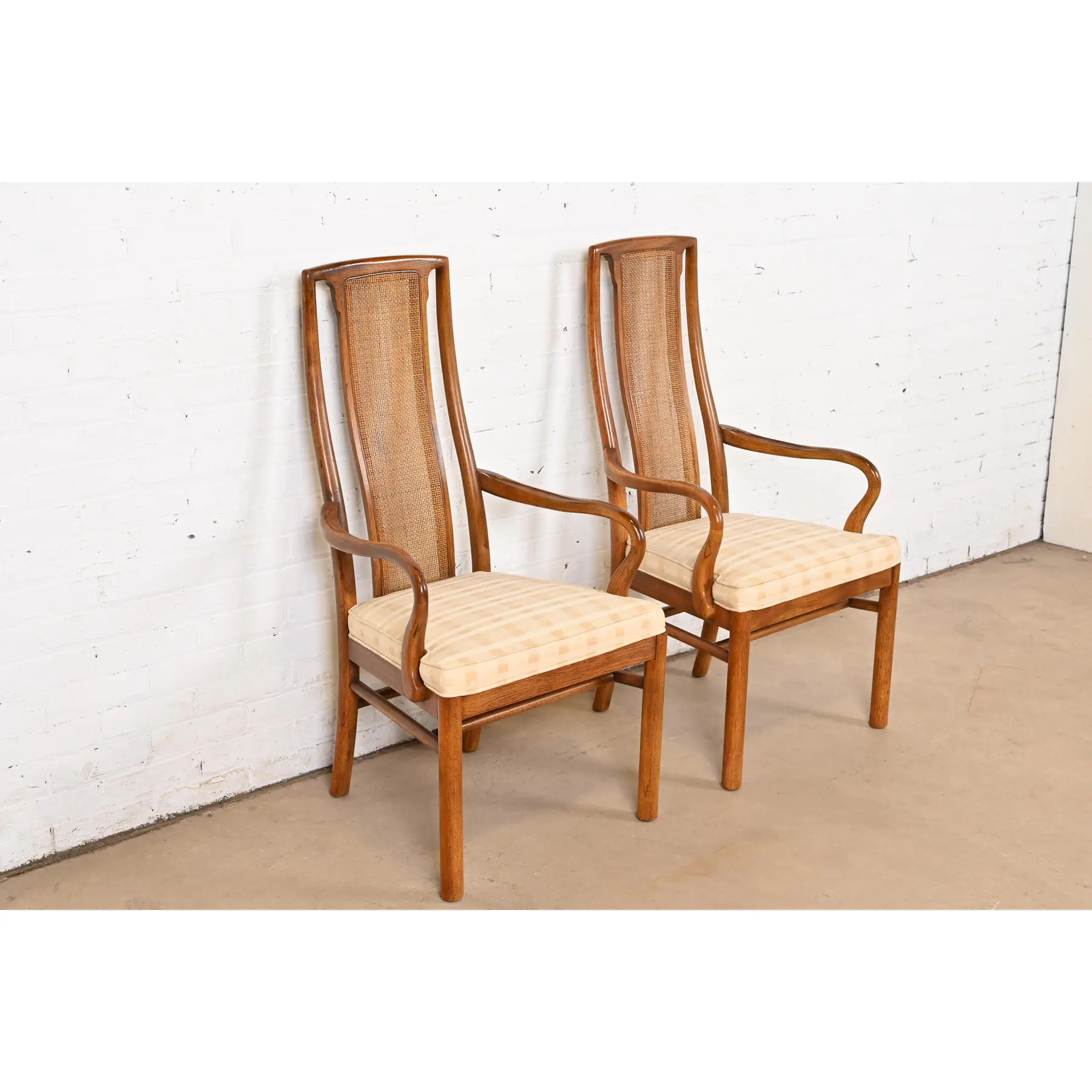 Drexel Heritage Mid-Century Modern Walnut and Cane High Back Dining Armchairs, Pair - Image 4