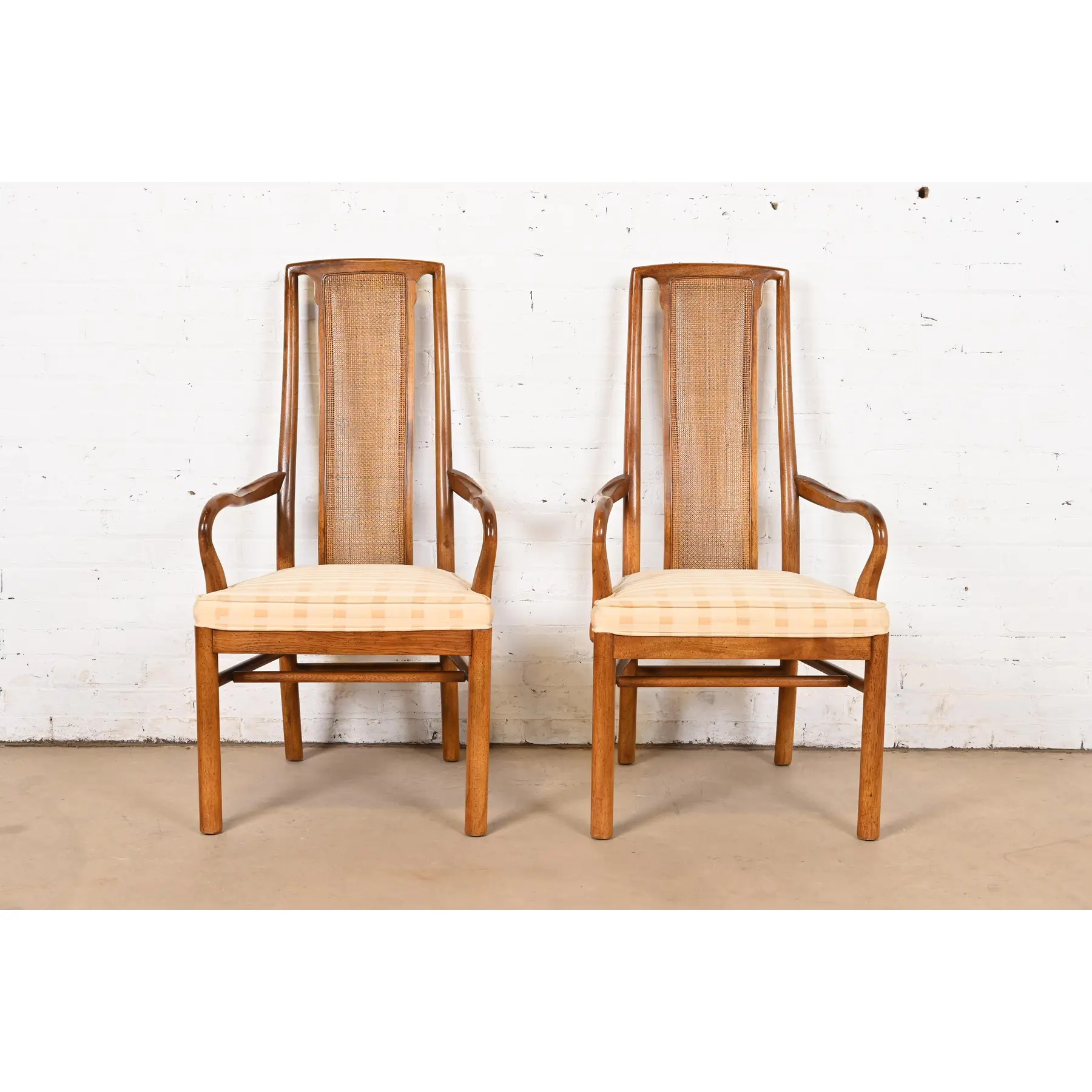Drexel Heritage Mid-Century Modern Walnut and Cane High Back Dining Armchairs, Pair - Image 3