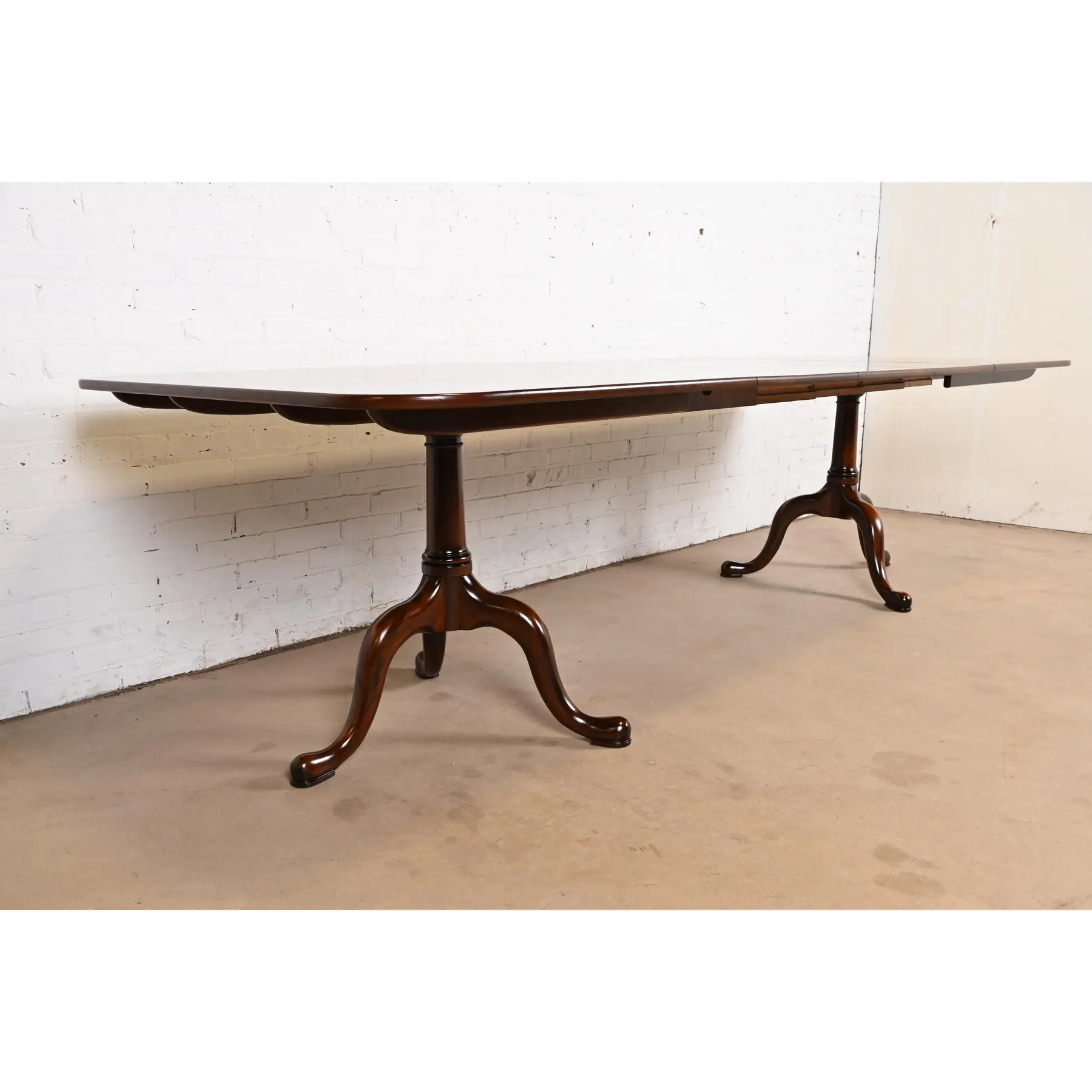 Henkel Harris Georgian Solid Cherry Wood Double Pedestal Extension Dining Table, Newly Refinished - Image 4