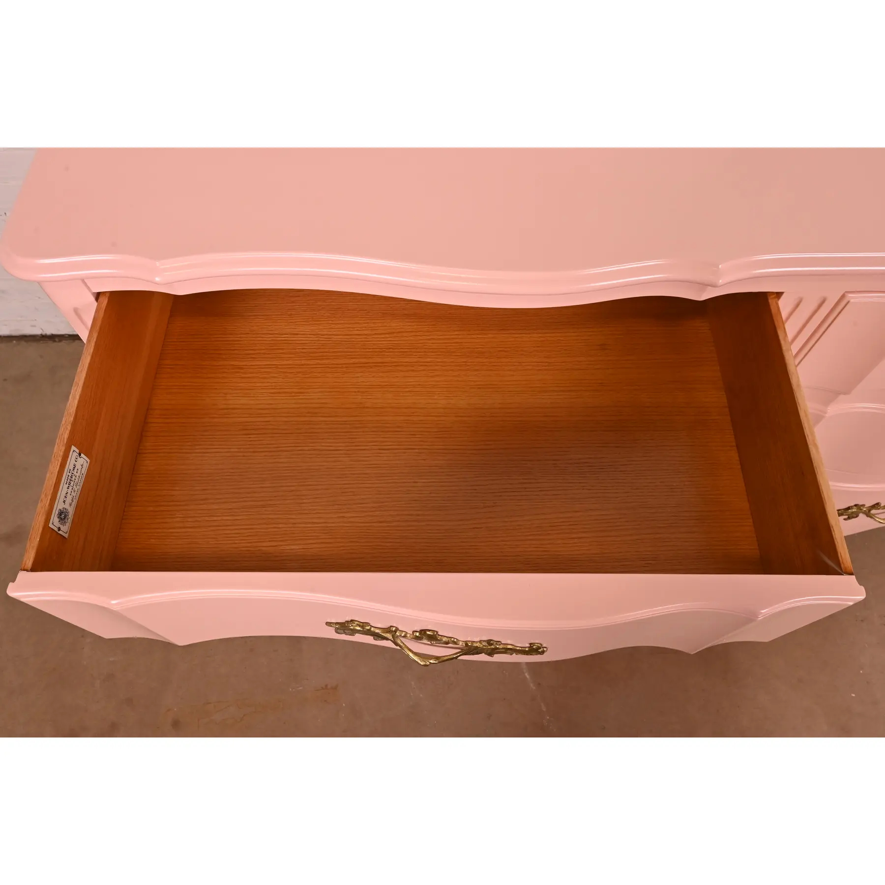 John Widdicomb French Provincial Louis XV Pink Lacquered Six-Drawer Dresser, Newly Refinished - Image 6