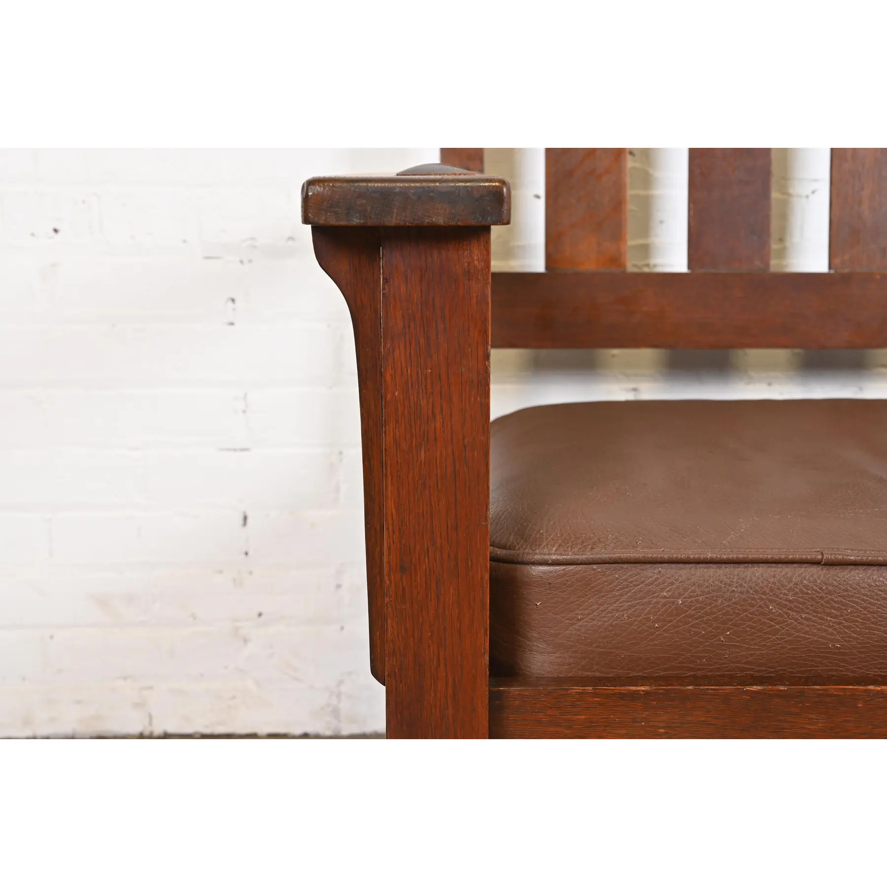Limbert Mission Oak Arts & Crafts Open Arm Settee or Loveseat, Circa 1900 - Image 7