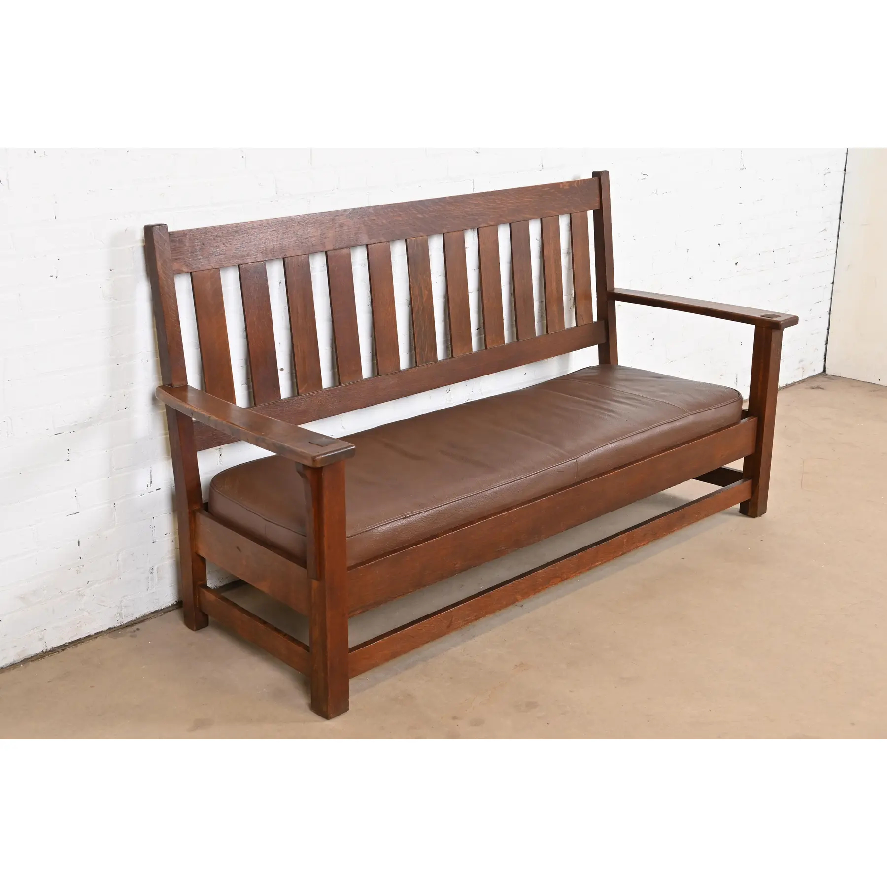 Limbert Mission Oak Arts & Crafts Open Arm Settee or Loveseat, Circa 1900 - Image 4