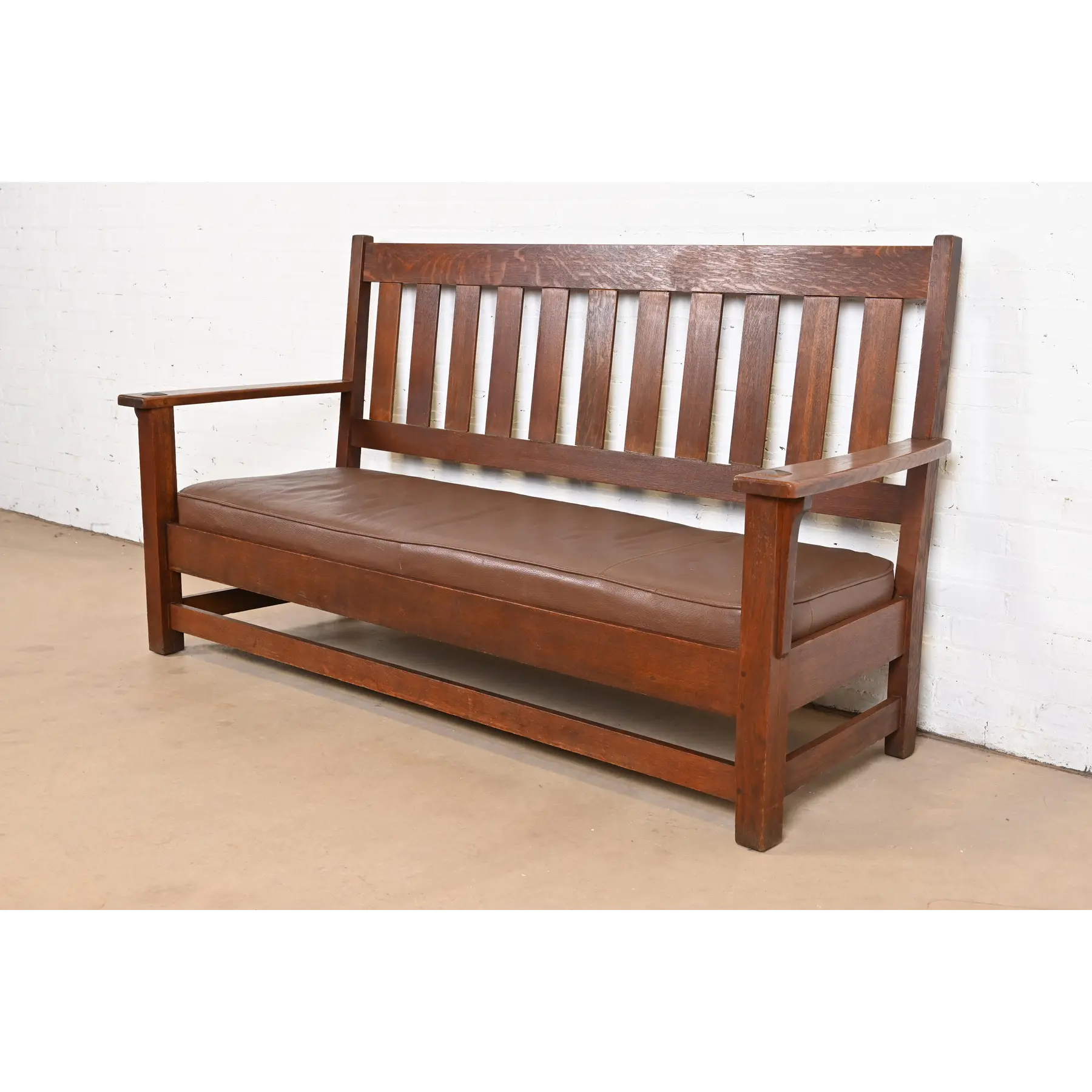 Limbert Mission Oak Arts & Crafts Open Arm Settee or Loveseat, Circa 1900 - Image 3