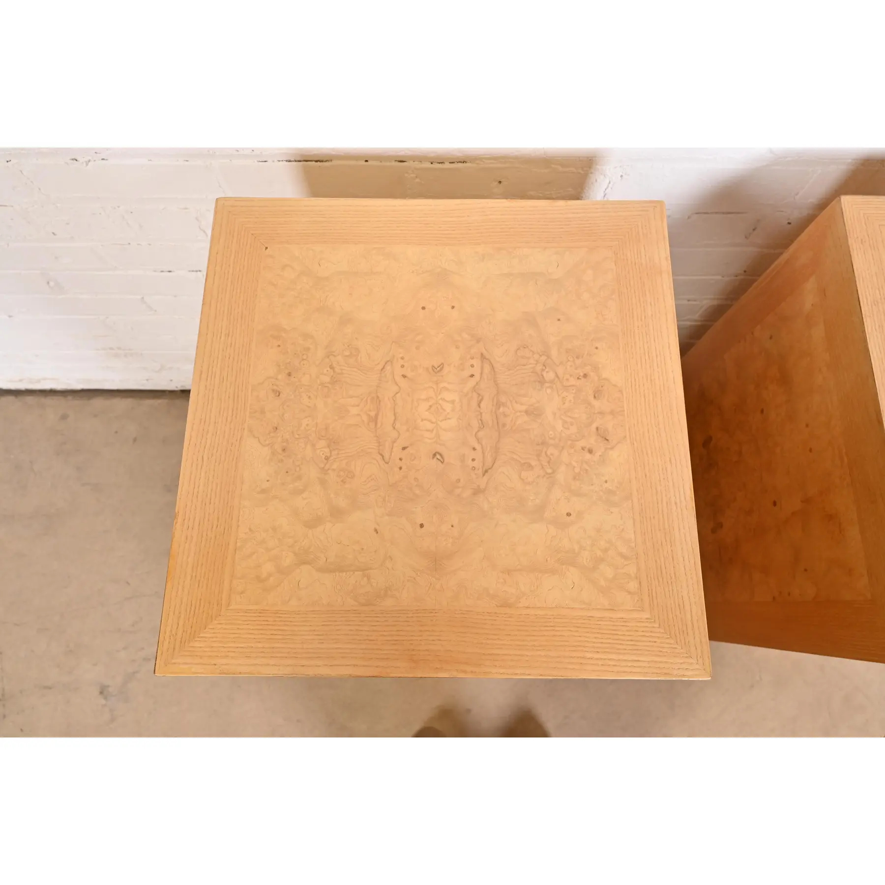 Milo Baughman Style Mid-Century Modern Burl Wood and Brass Pedestals by Drexel Heritage, Newly Refinished - Image 5