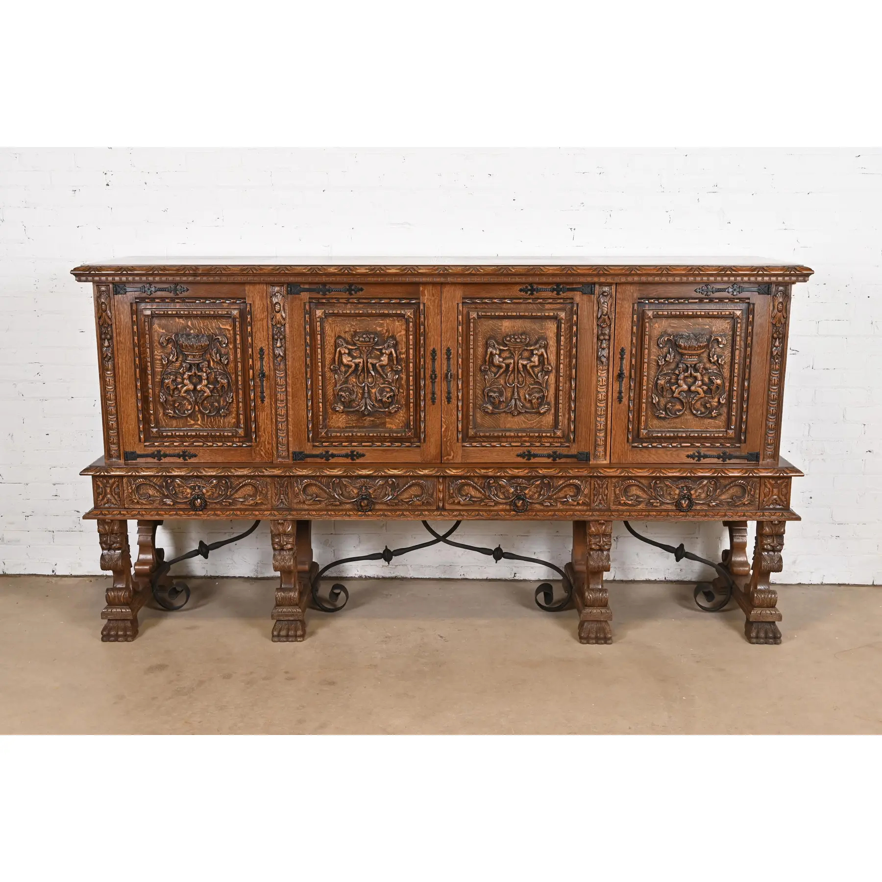 R. J. Horner Style Renaissance Revival Monumental Ornate Carved Oak Sideboard or Bar Cabinet - Image 2