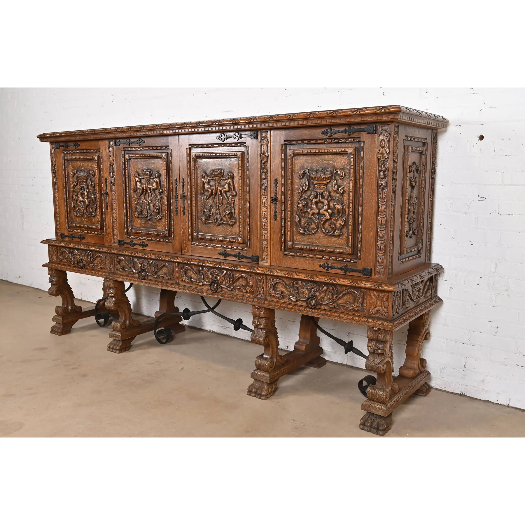 R. J. Horner Style Renaissance Revival Monumental Ornate Carved Oak Sideboard or Bar Cabinet - Image 3