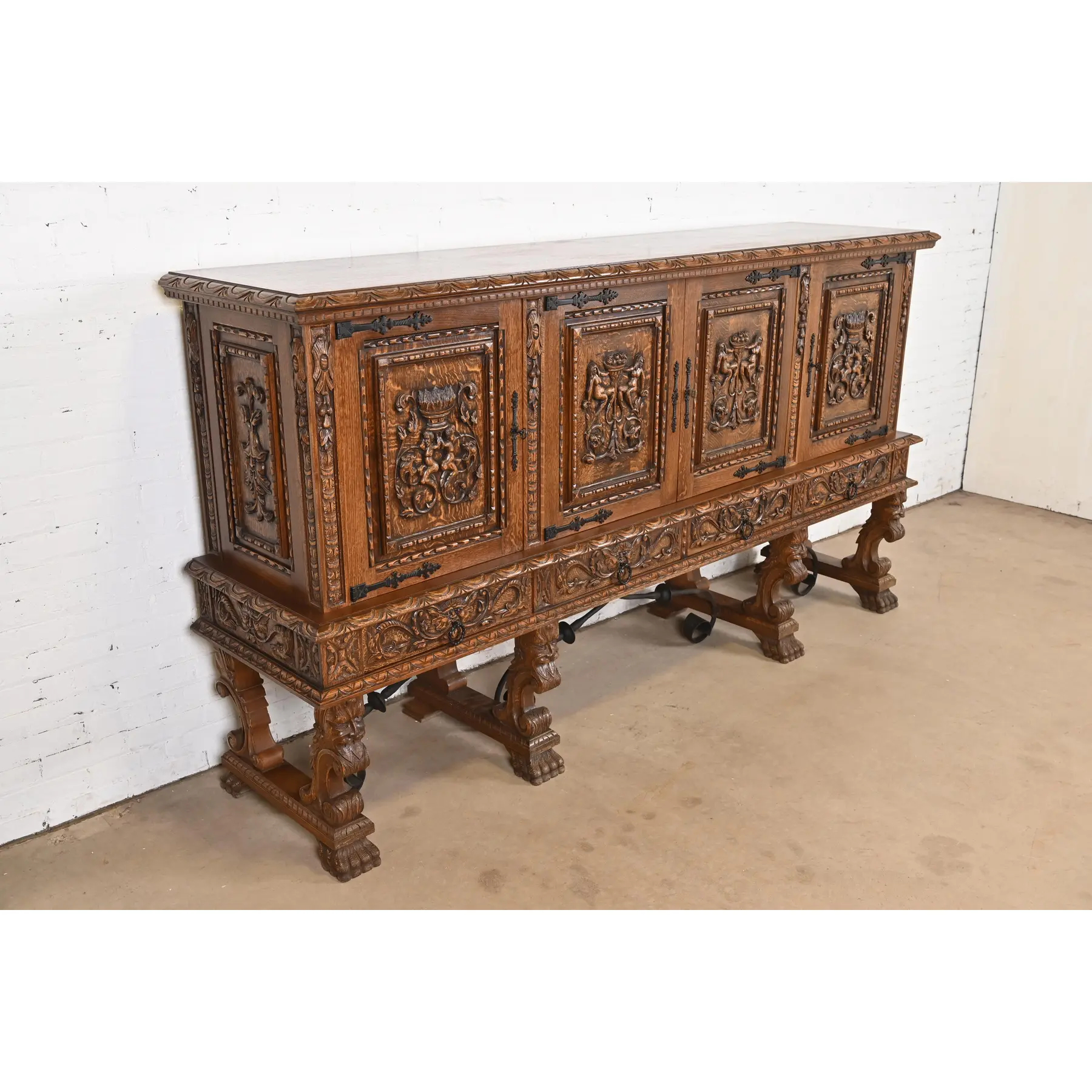 R. J. Horner Style Renaissance Revival Monumental Ornate Carved Oak Sideboard or Bar Cabinet - Image 4
