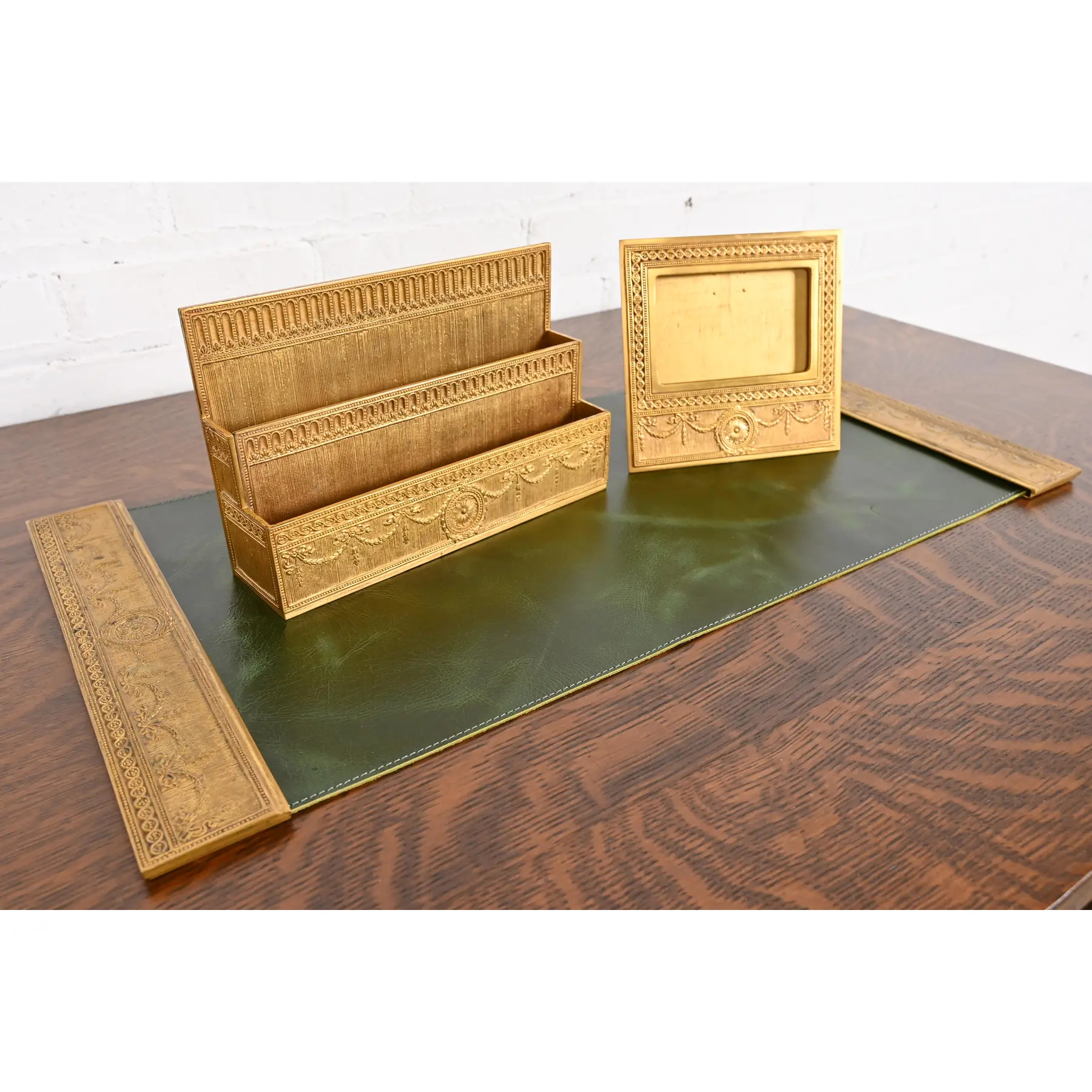 Tiffany Studios New York "Adam" Bronze Doré Blotter Ends With Leather Desk Blotter - Image 9