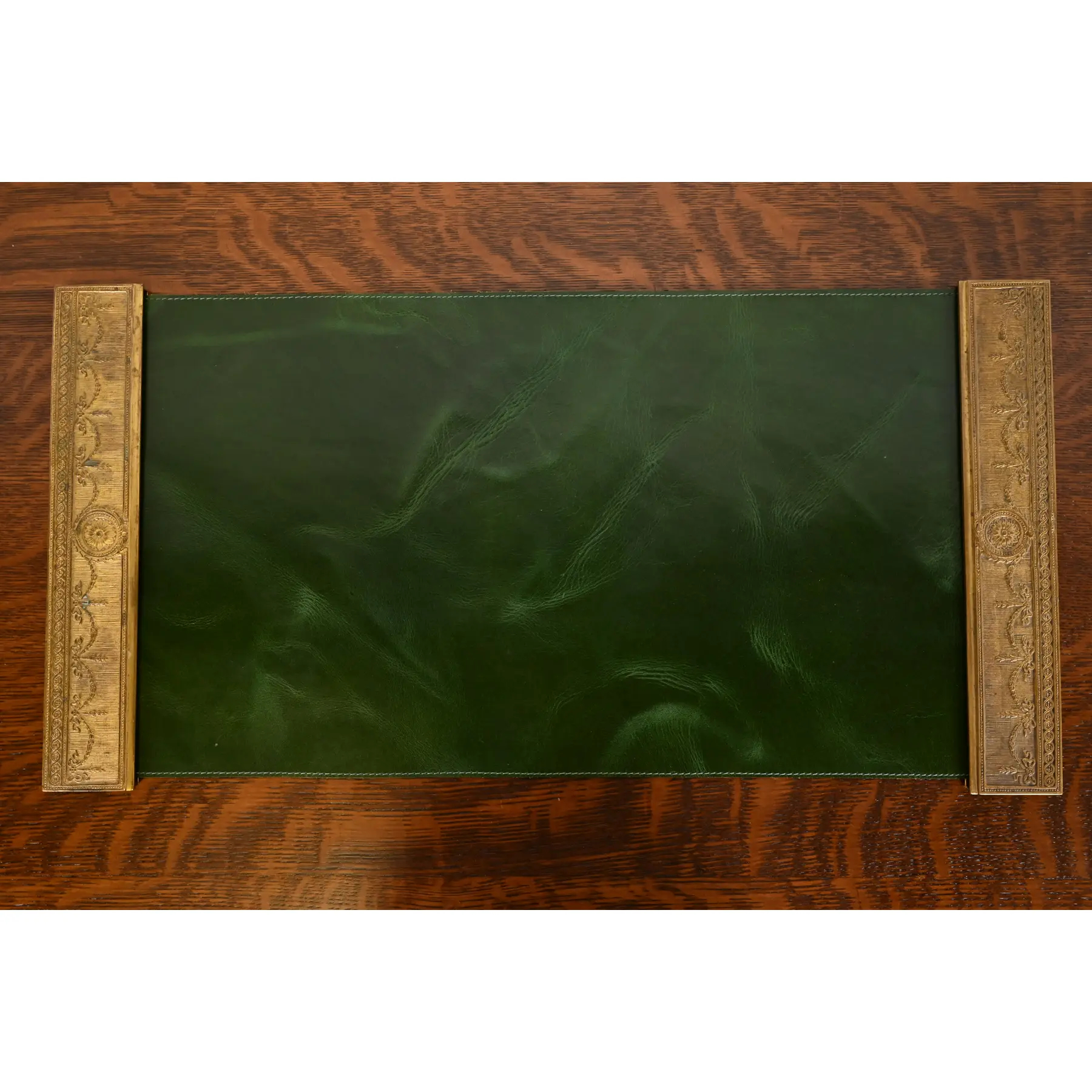 Tiffany Studios New York "Adam" Bronze Doré Blotter Ends With Leather Desk Blotter