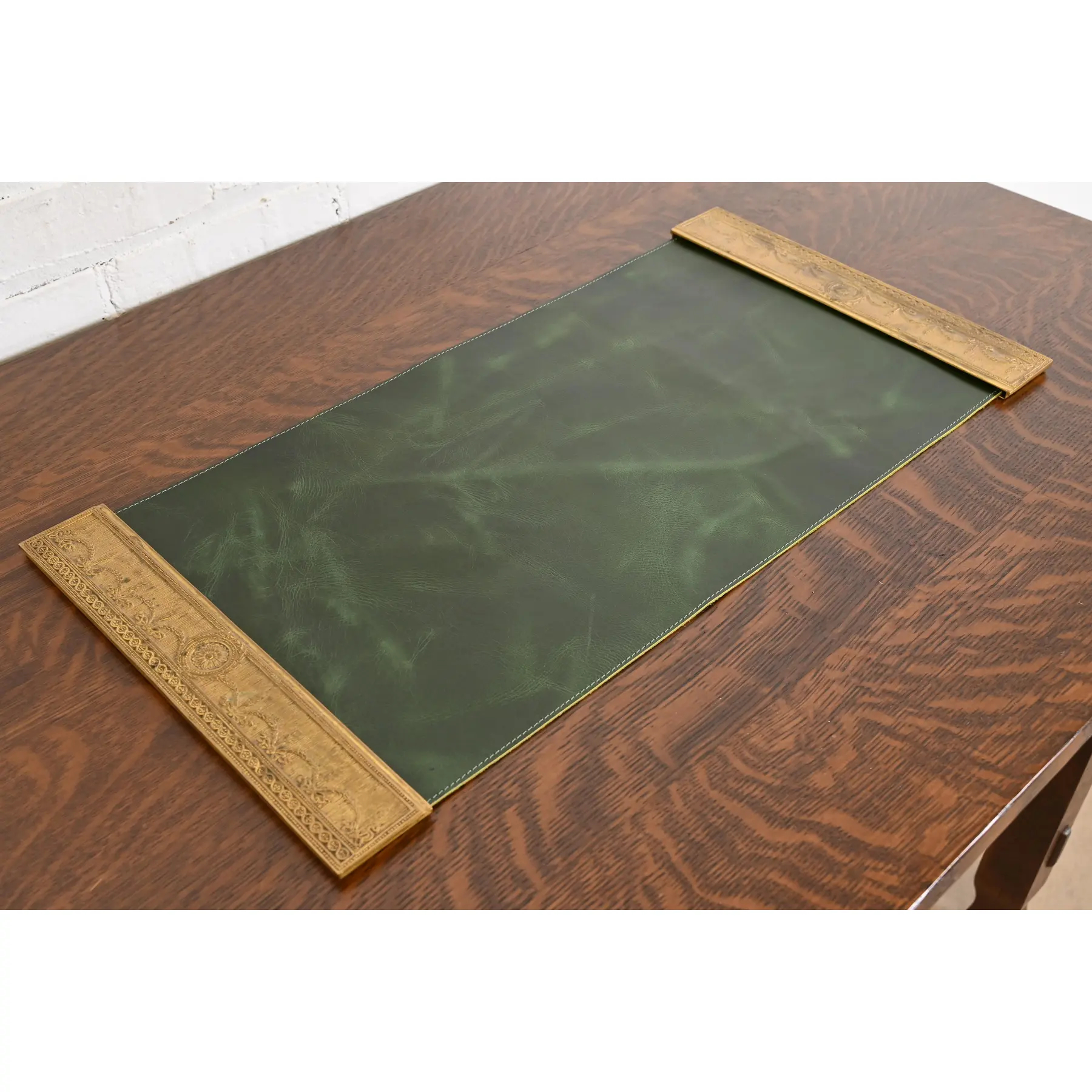 Tiffany Studios New York "Adam" Bronze Doré Blotter Ends With Leather Desk Blotter - Image 4
