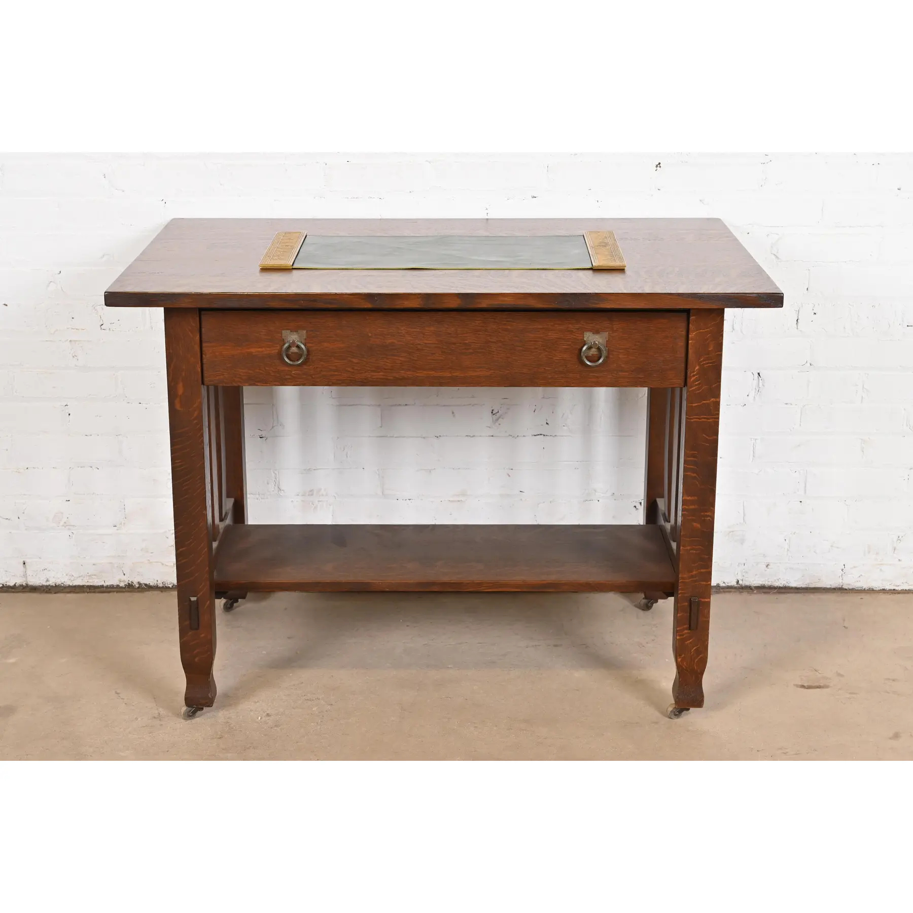 Tiffany Studios New York "Adam" Bronze Doré Blotter Ends With Leather Desk Blotter - Image 8