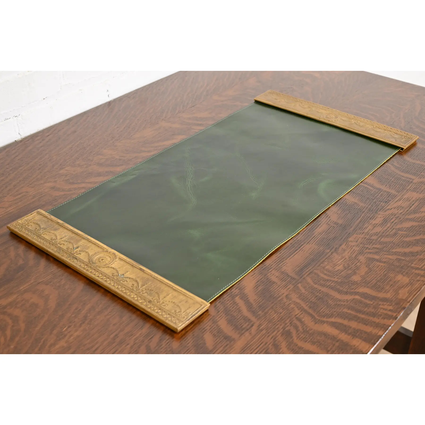 Tiffany Studios New York "Adam" Bronze Doré Blotter Ends With Leather Desk Blotter - Image 4