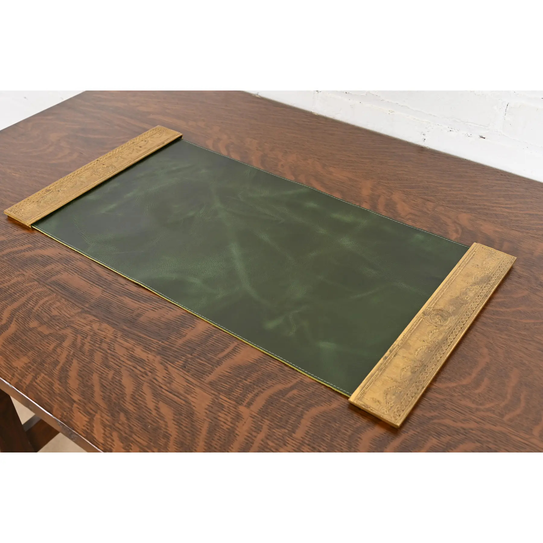 Tiffany Studios New York "Adam" Bronze Doré Blotter Ends With Leather Desk Blotter - Image 3