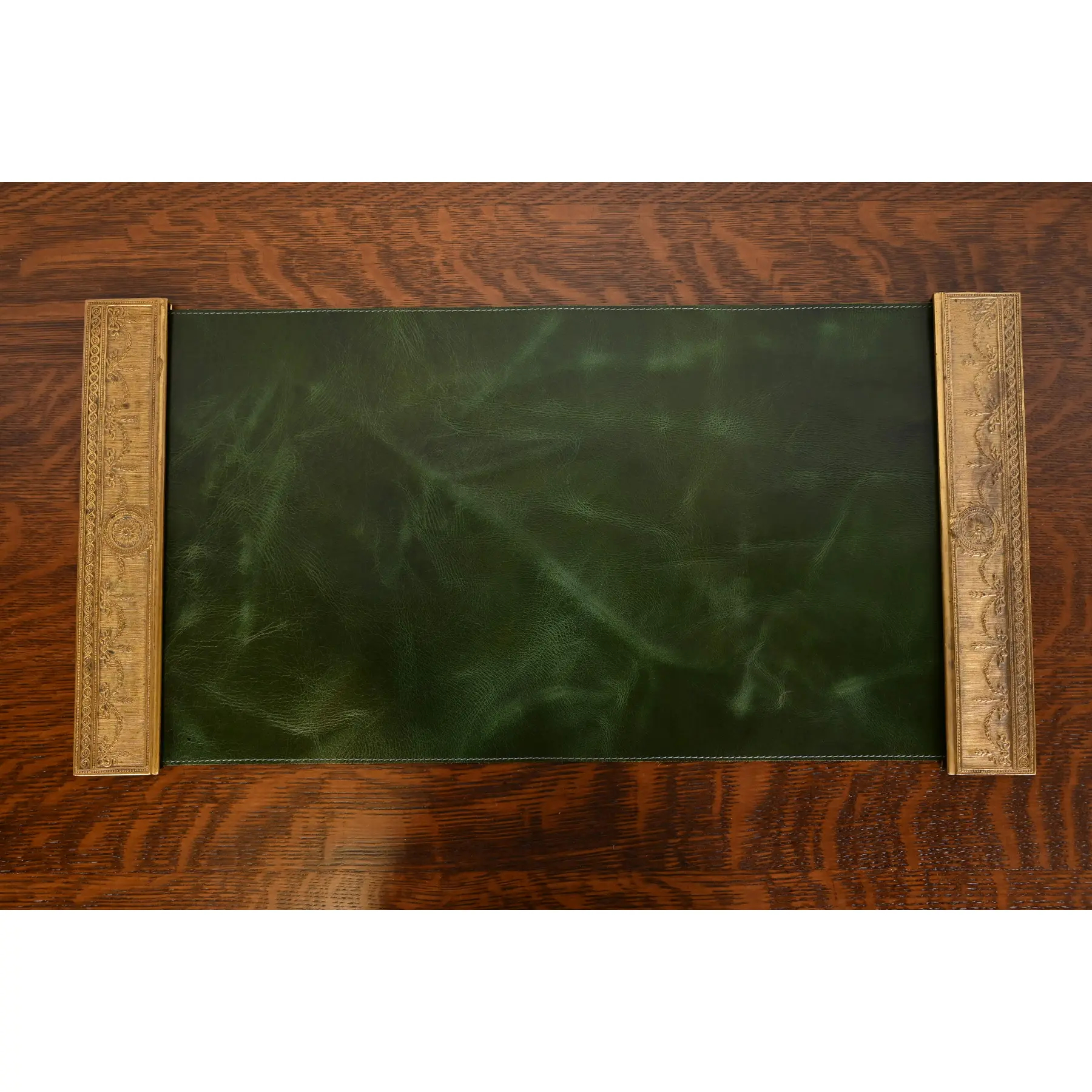 Tiffany Studios New York "Adam" Bronze Doré Blotter Ends With Leather Desk Blotter
